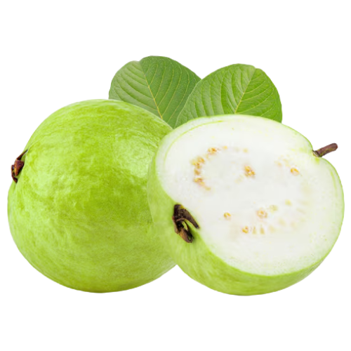 Whole green guava and sliced guava with green leaves behind.