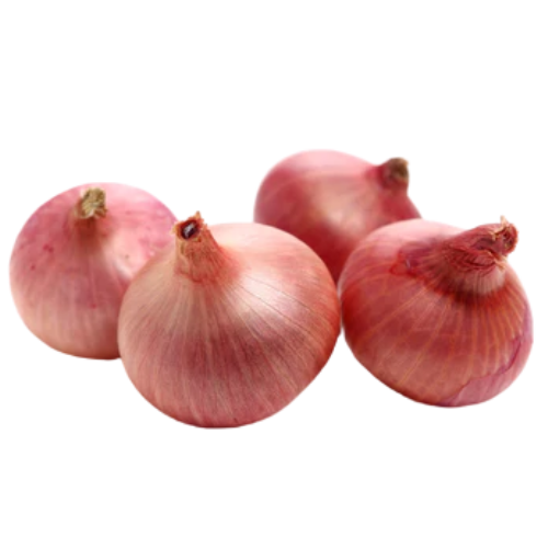 Four pink garlic bulbs with their papery skins intact.