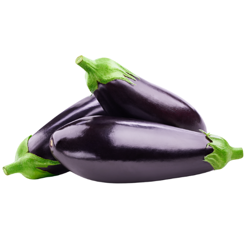 Three fresh eggplants with green stems on a white background.