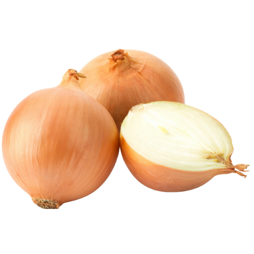 Three whole onions and one onion half, all with light brown skin and white interior.