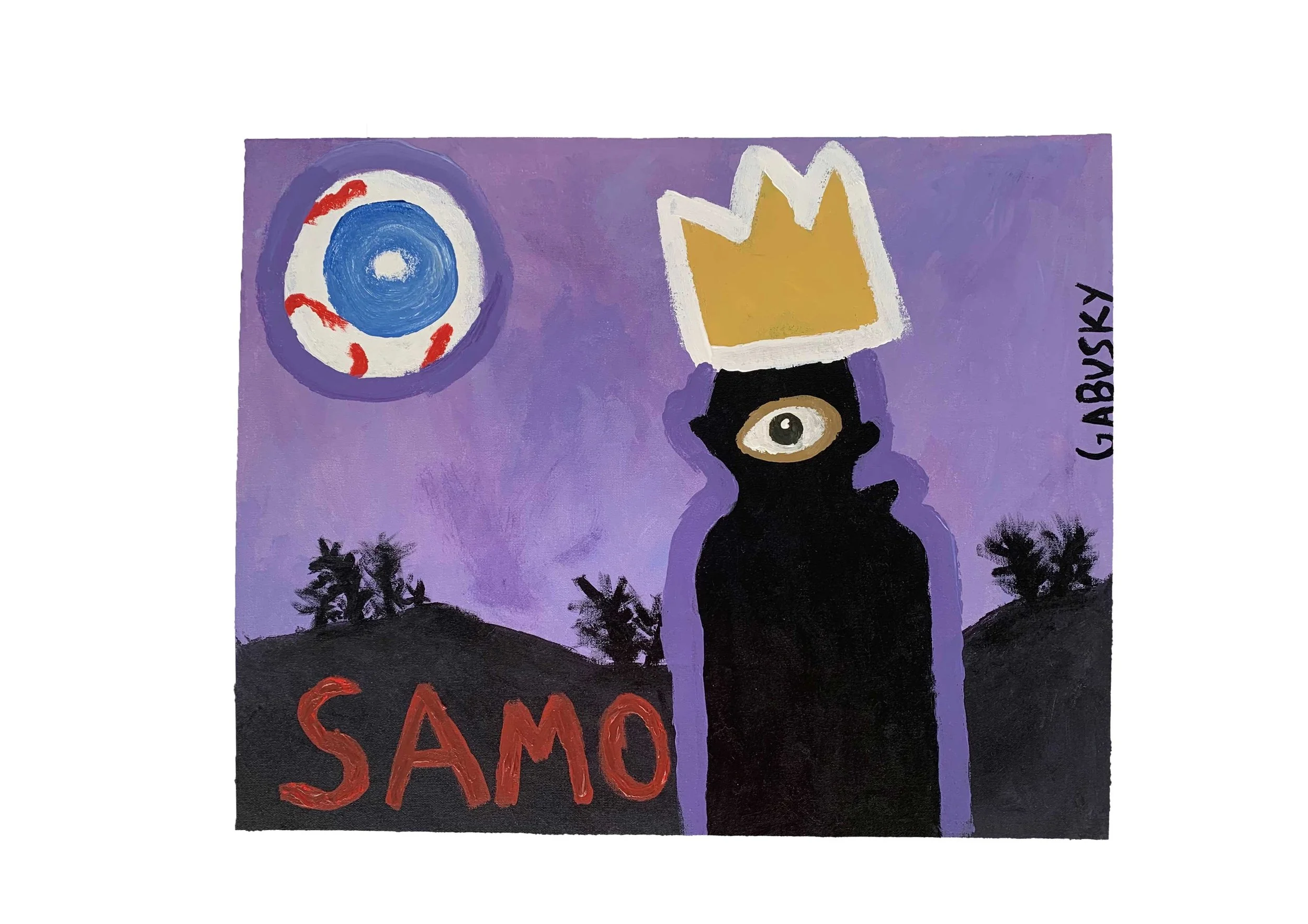 Abstract painting featuring a black figure with a large eye, a yellow crown on its head, and the word 'SAMO' written in red. The background is purple with a hill and black trees, and a lifebuoy floating in the sky. The artist's signature appears on the right.