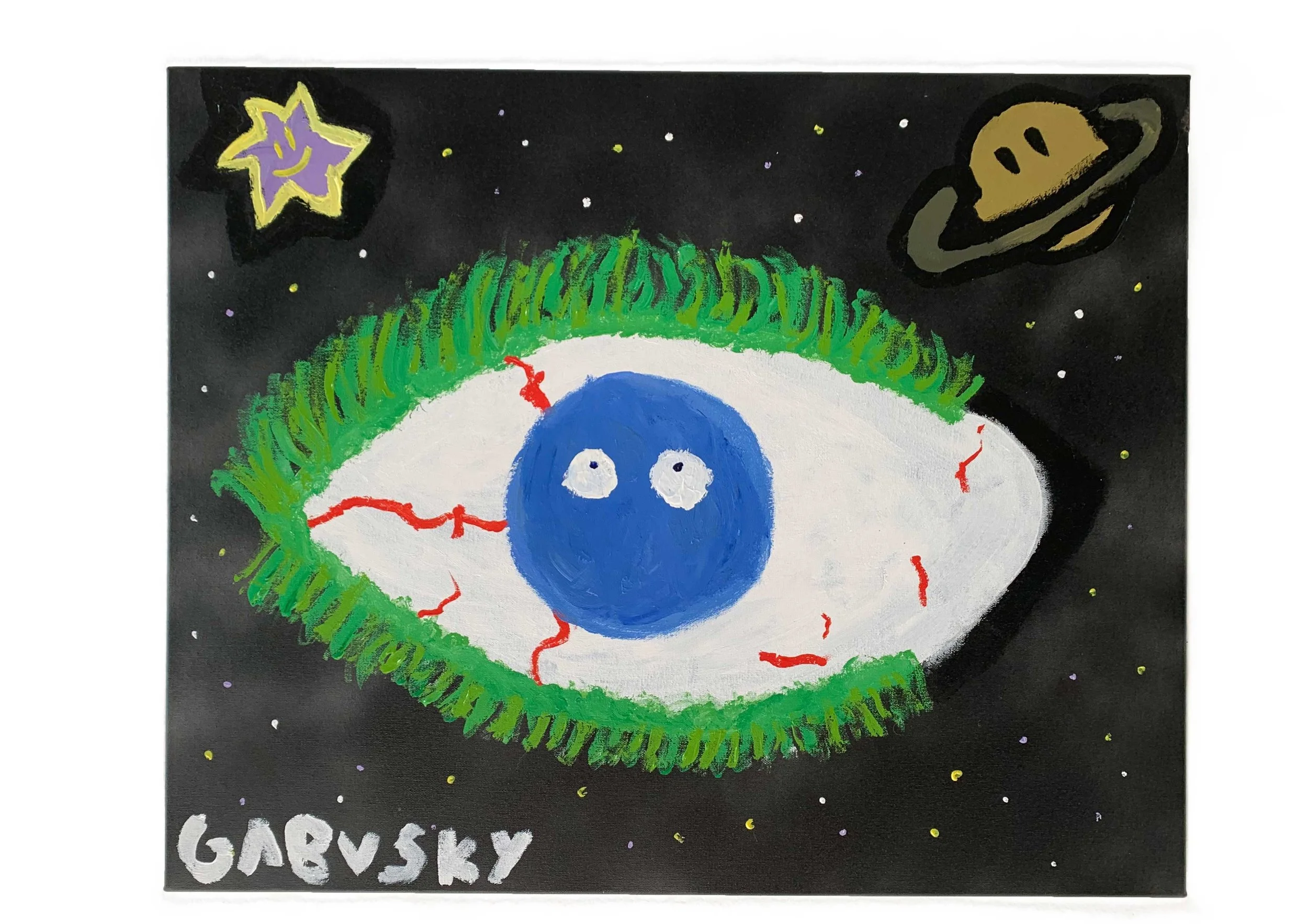 A colorful drawing of a human eye with a galaxy pattern in the iris, featuring a blue pupil with a face, surrounded by green eyelashes, set against a black background with planets and stars, with the name 'Gabsky' written at the bottom.