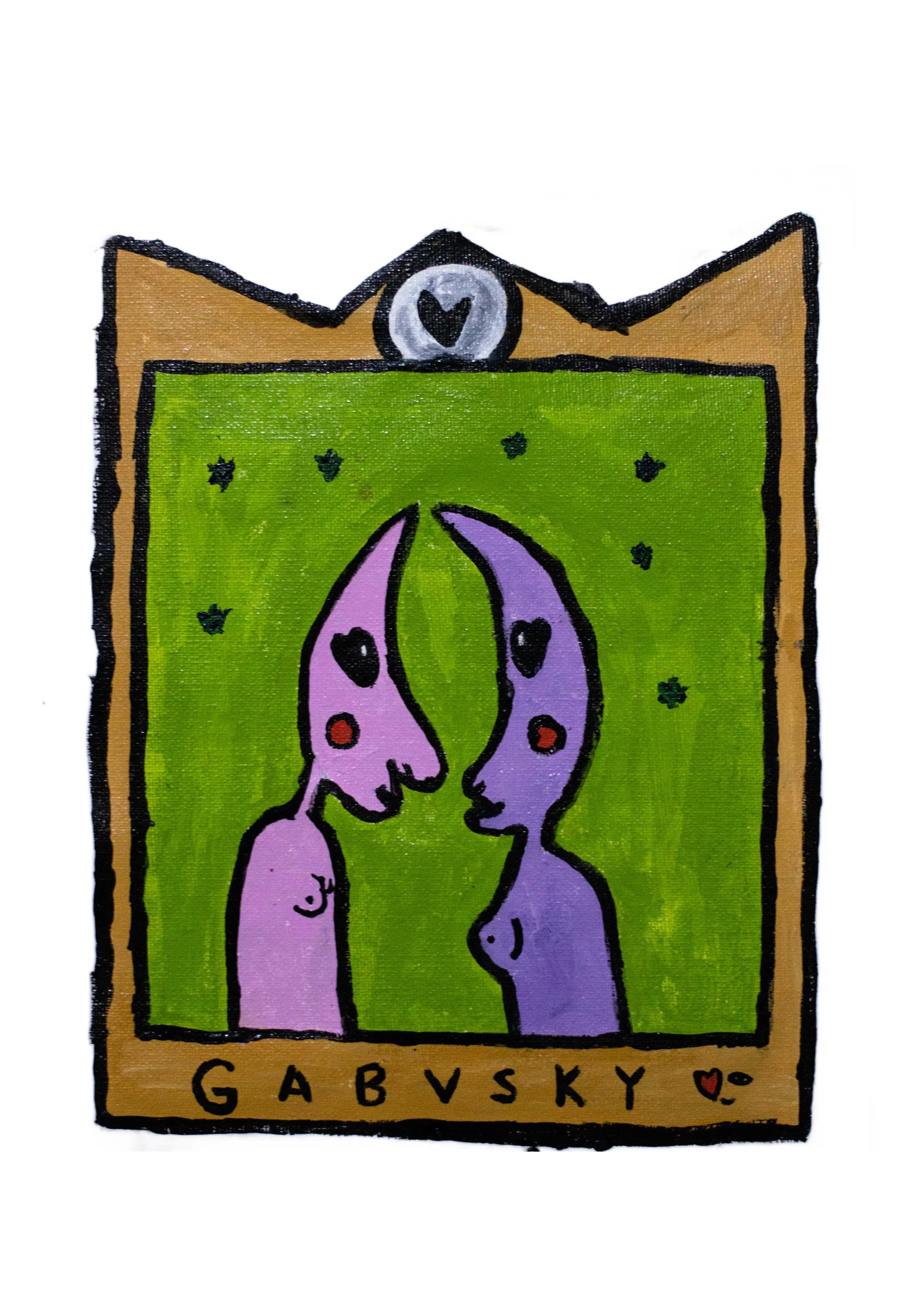 A colorful, stylized drawing of two humanoid figures with moon-shaped heads facing each other, set against a green background with small black stars. The figures are outlined in black, one is pink and the other purple with red cheeks, and they appear to be conversing or connecting. The border of the image is tan with a small heart and the text 'GABVSKY' at the bottom.