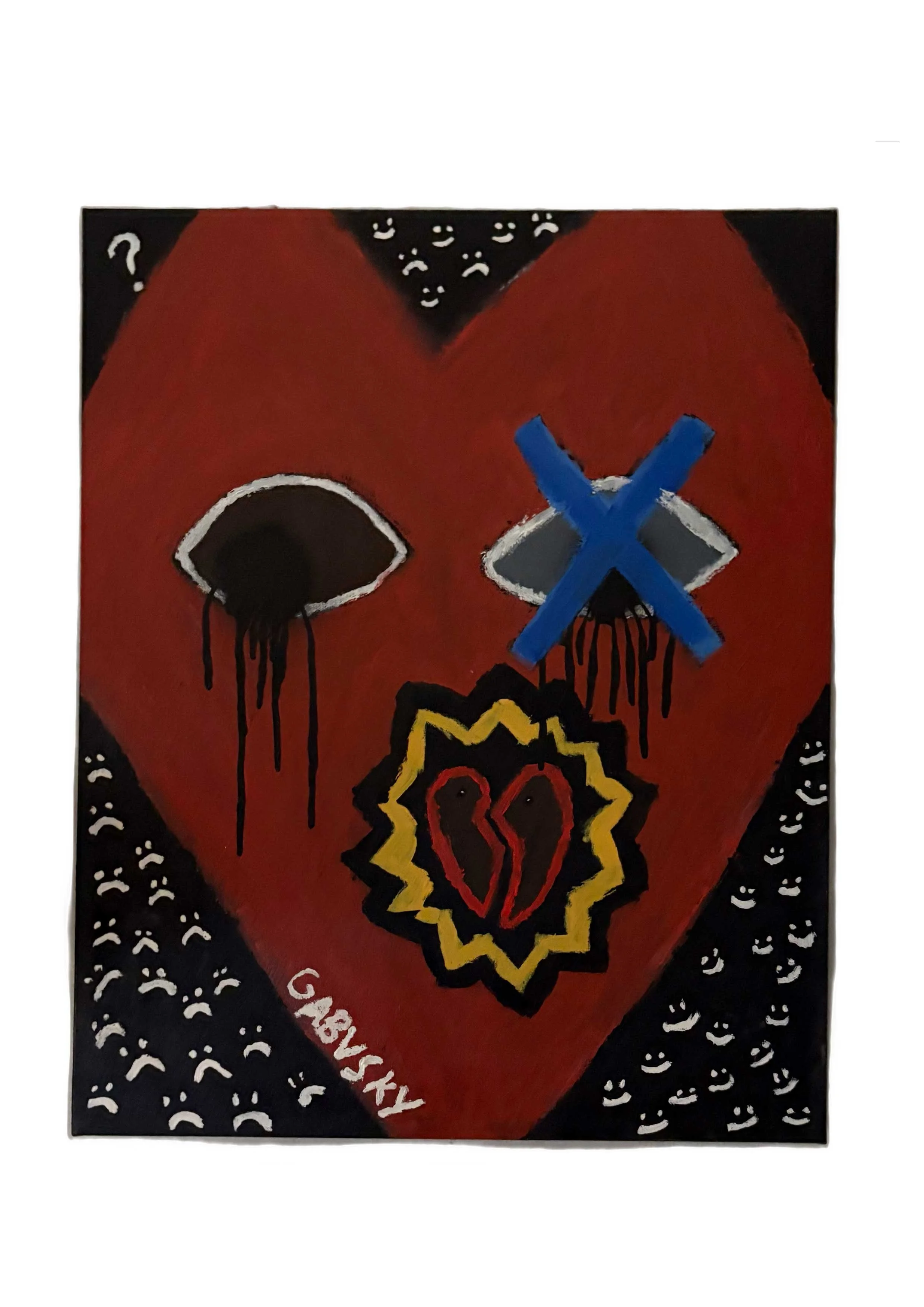 Abstract painting of a broken heart symbol with a black outline, yellow bursts, and blood drips, featuring a large blue X over one eye and question marks around the top, set against a red background with black and white elements.