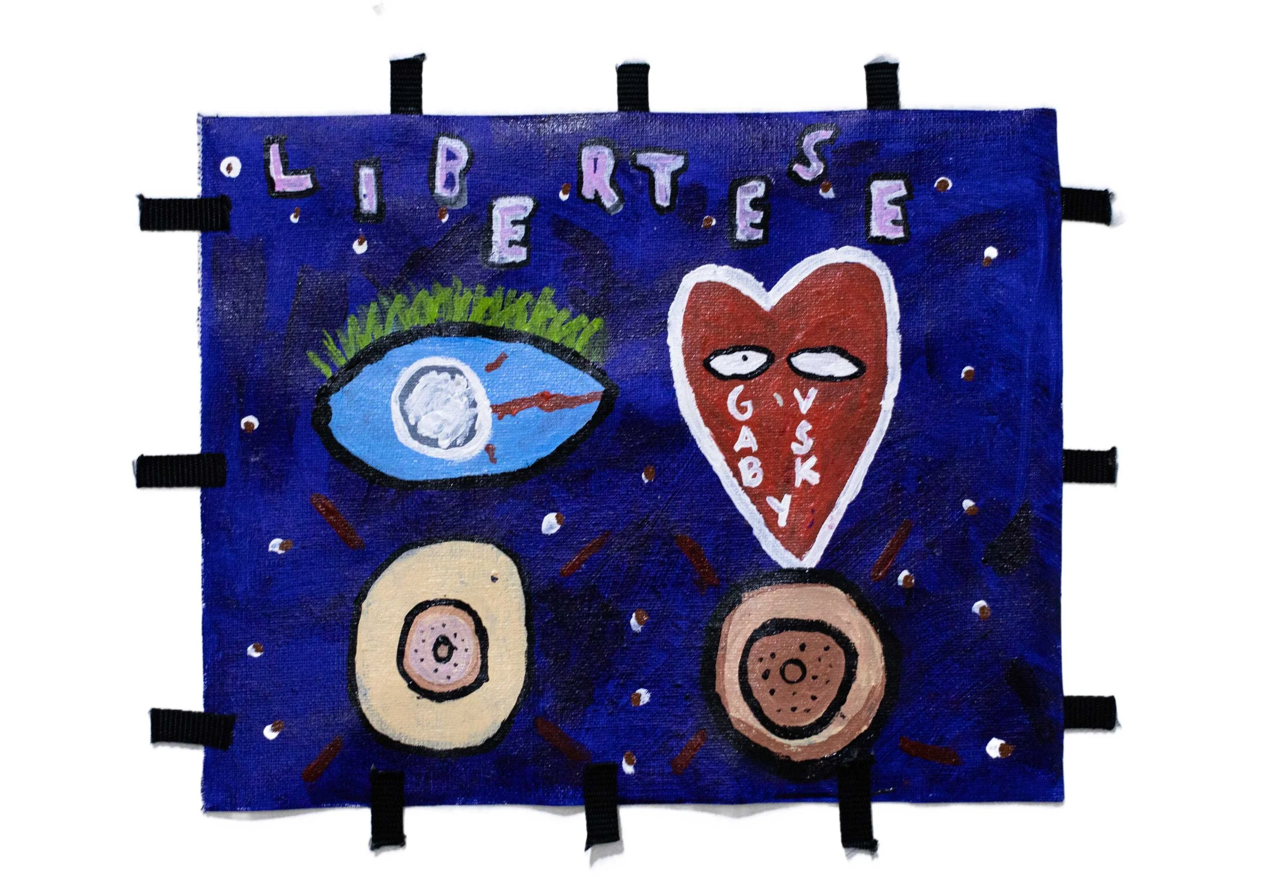 A colorful rectangle with black loops on the edges, featuring abstract drawings and words on a dark blue background. The words spell out 'LIBERTY' in purple and white letters at the top. There is a large eye with green eyelashes, a red heart with eyes and the words 'GAB' and 'VSK' inside, and two oval shapes resembling cookies or donuts at the bottom.