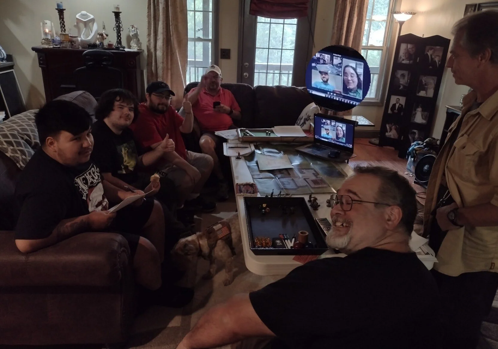 Mid-game with the crew. Two players joined us remotely: one from Cali, one from Florida.
