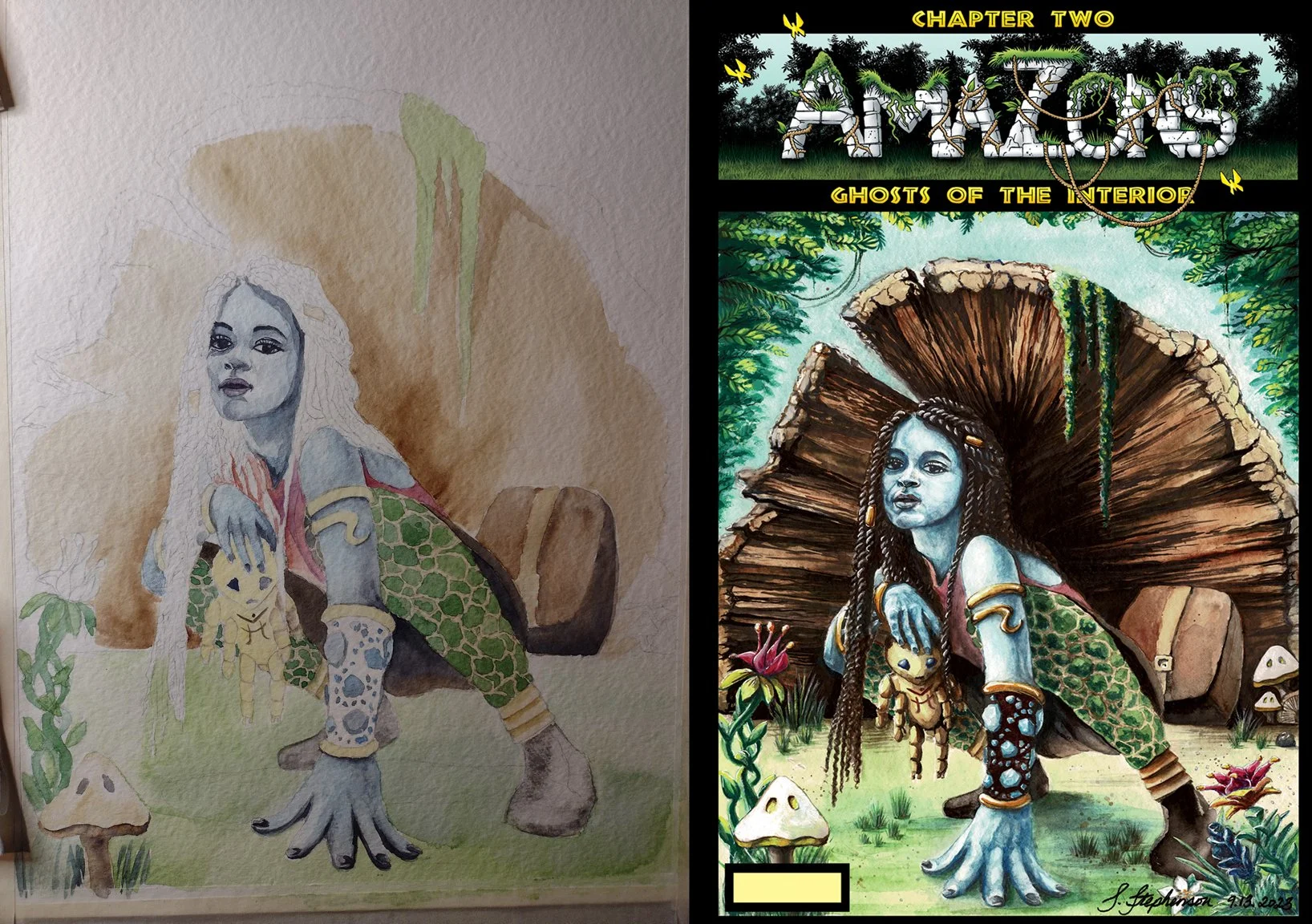 Left: Stephanie’s beginning watercolor sketch. Right: the final, signed & numbered alternate cover. Only 60 in existence. First 20 already in the hands of our beta-testers. The rest? Gone in 60 seconds at the next con.