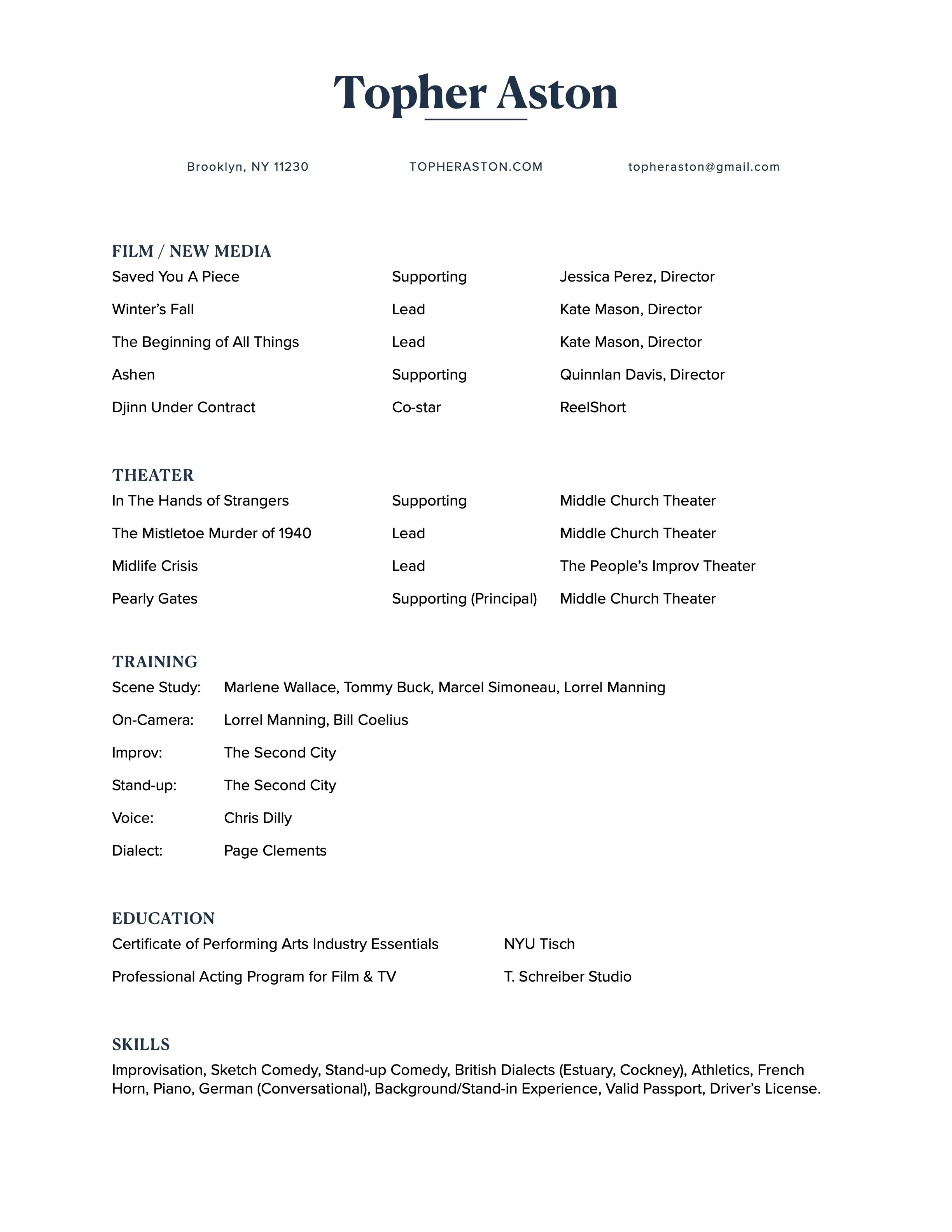 A resume of Topher Aston with sections for film, theater, education, and skills. It lists his contact information, roles, and training details.