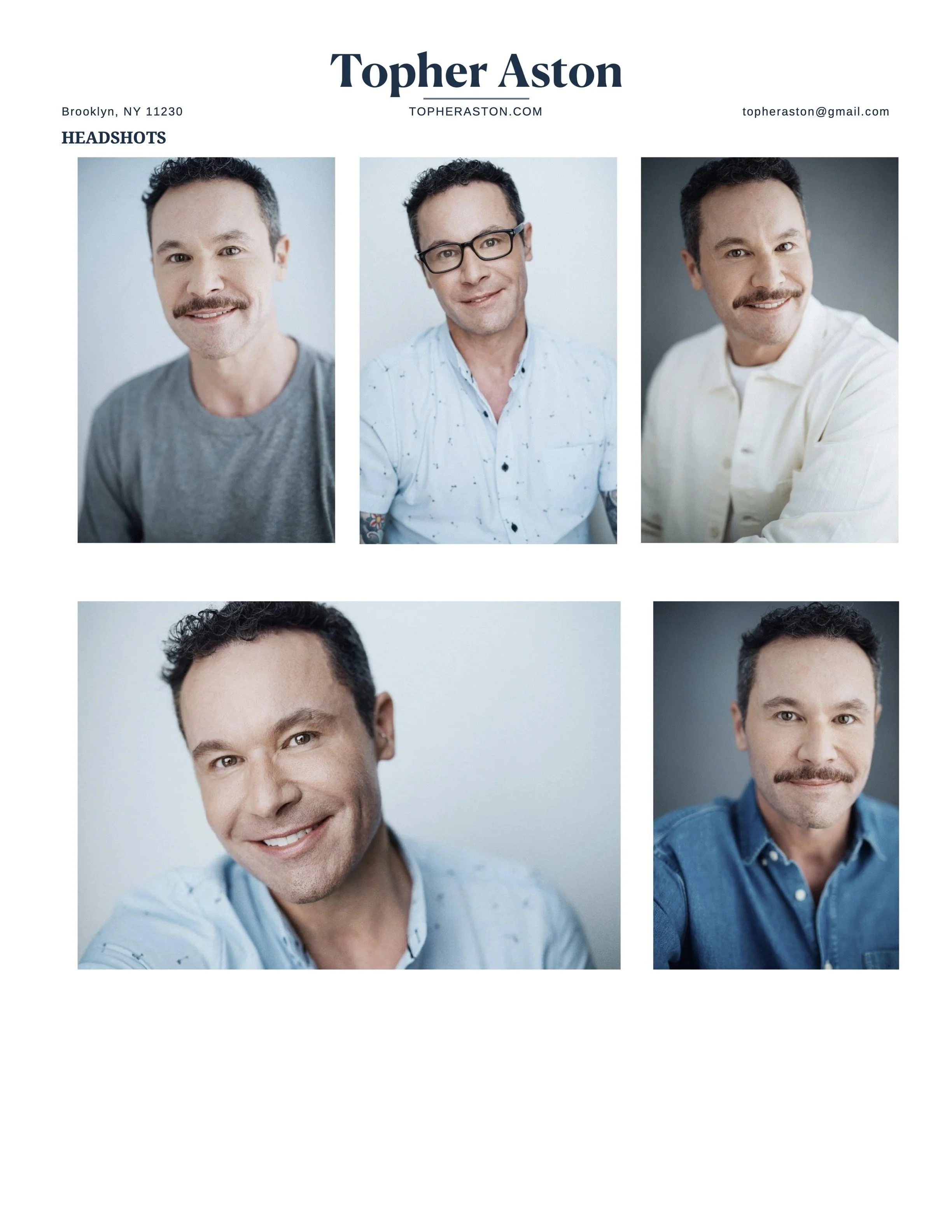 Photograph of a professional headshot with three images of the same man, showing different facial expressions and clothing, set on a white background, with contact details and name Topher Aston at the top.