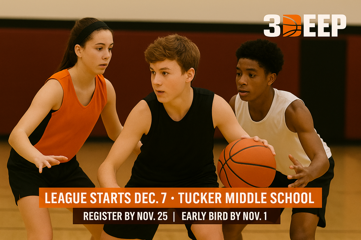 Three middle school students playing basketball on a court, with a banner advertising a league starting December 7 at Tucker Middle School, with registration deadlines of November 25 and early bird registration by November 1.