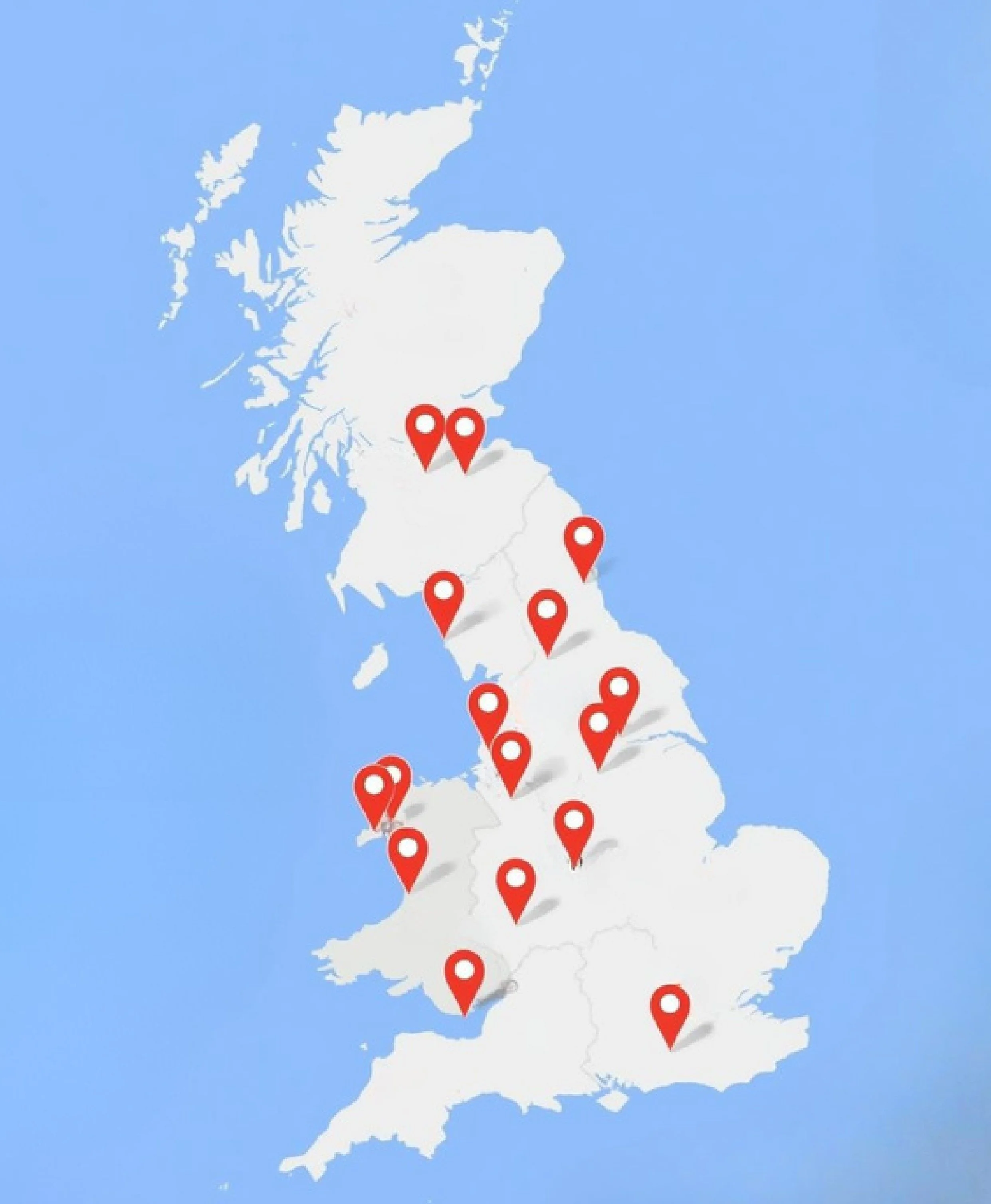 Airbnb locations - Map of the United Kingdom with multiple red location pins marking various sites.