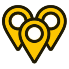 Airbnb location - Three overlapping yellow map location markers with white centers on a black background.