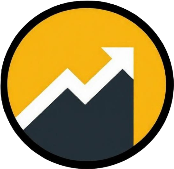 Airbnb example - A circular logo with a yellow background, featuring a white upward-pointing arrow integrated with a stylized black mountain and a zigzag line indicating growth or progress.