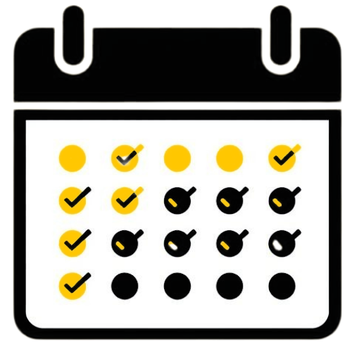 Airbnb calendar - A calendar with dates marked with yellow checkmarks and black checkmarks, and some circles.