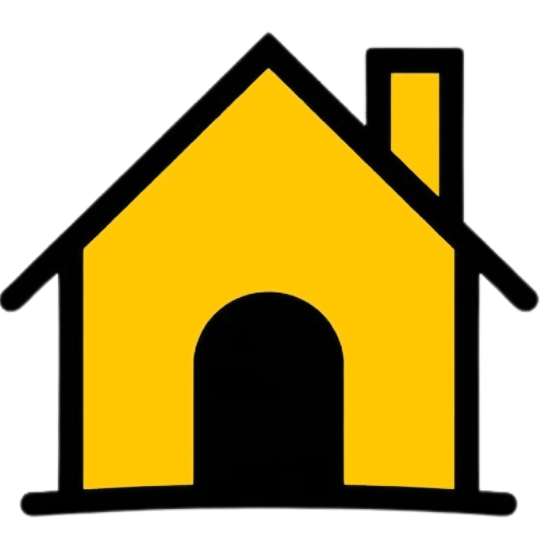 Airbnb house - Simplified illustration of a yellow house with a black roof and chimney.