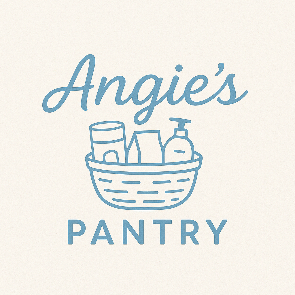An illustration of a basket containing canned goods, a box, and a pump bottle with the words "Angie's Pantry" written above and below in blue.