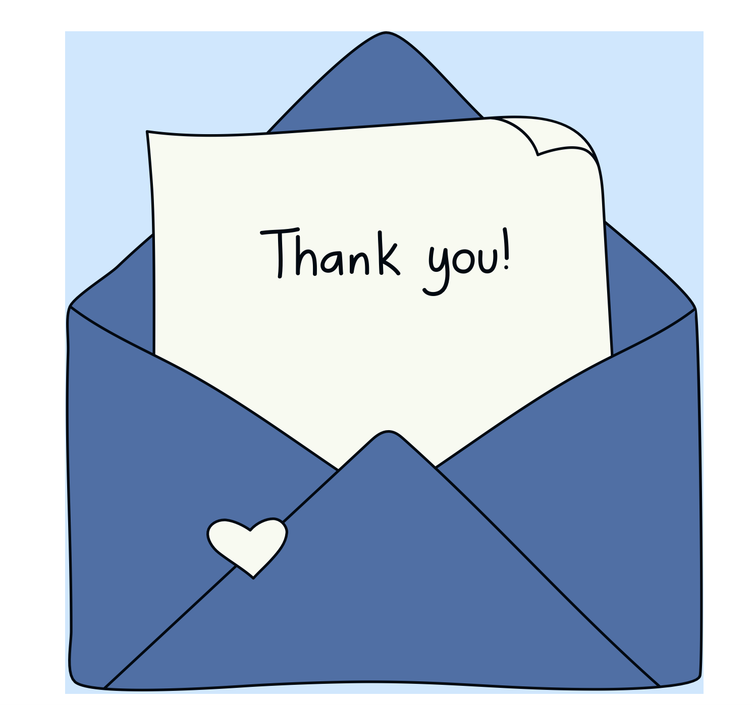 A blue envelope with a white heart seal, partially open, revealing a thank you note inside.