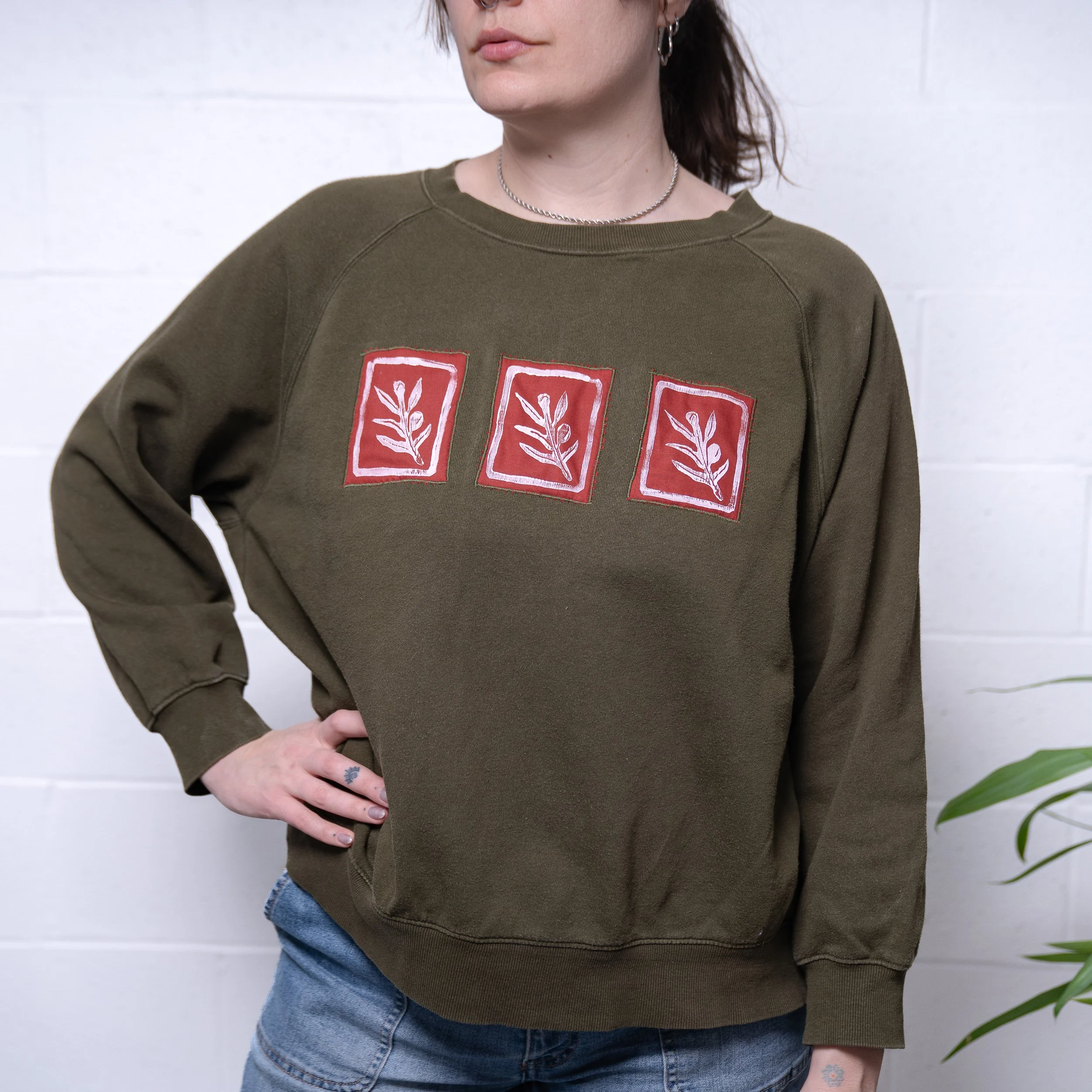 One-of-a-Kind Upcycled Olive Green Sweatshirt with Hand-Printed Olive Branch Patches