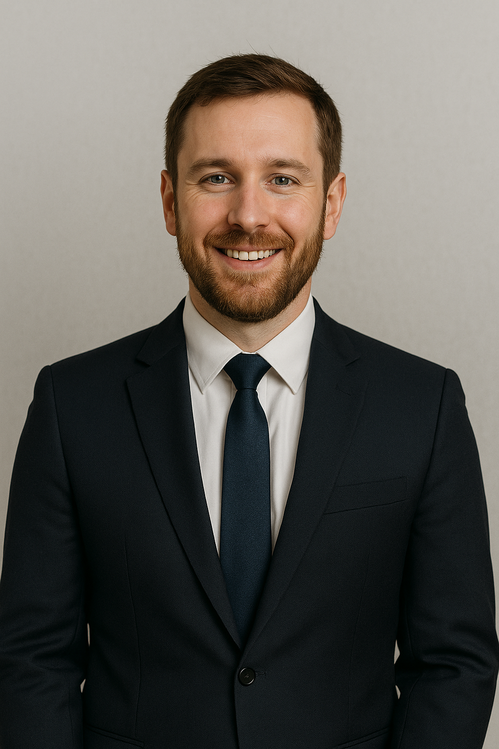 Portrait of a smiling man in a black suit, white shirt, and navy tie, standing against a light grey background.