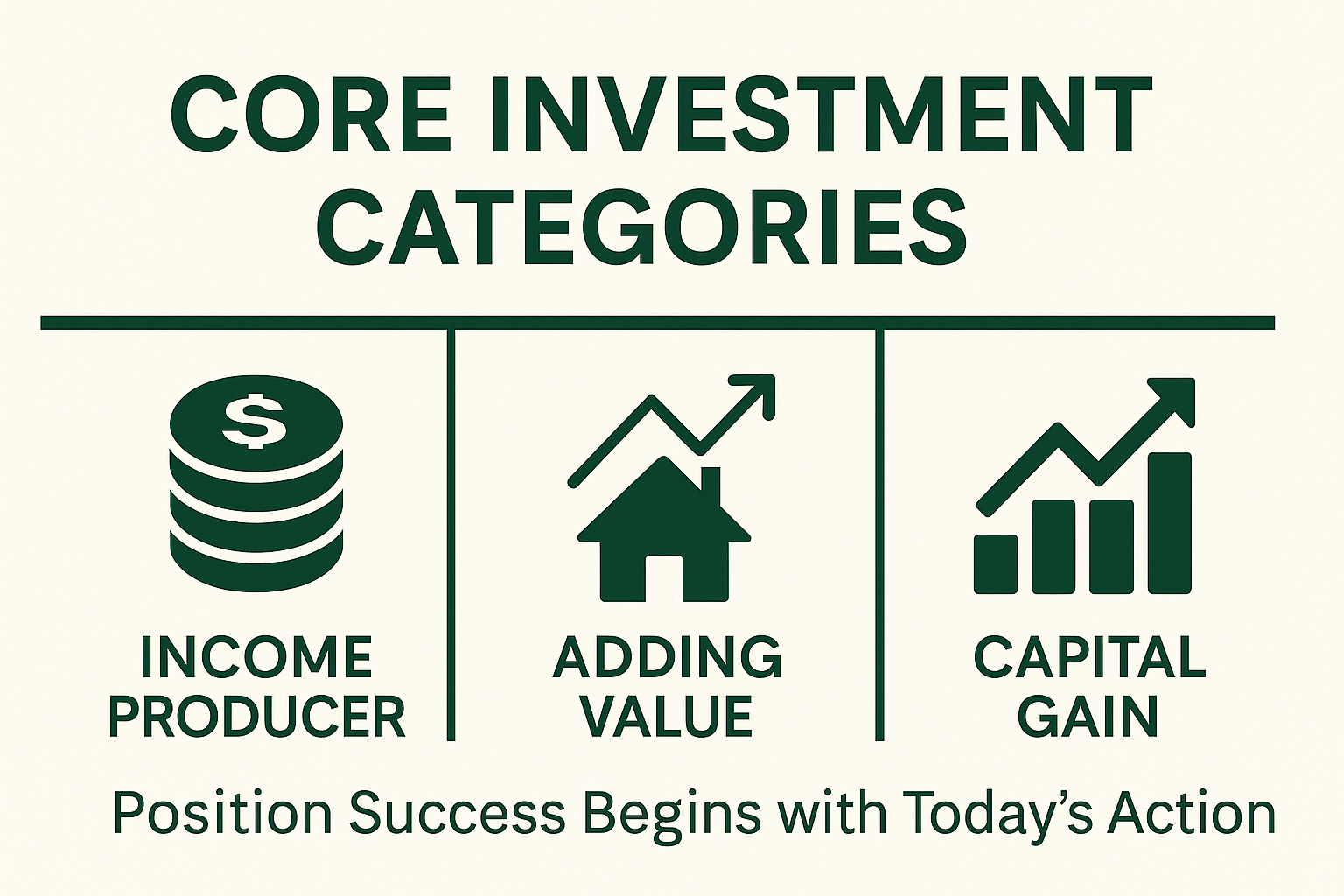 Graphic showing three core investment categories: income producer, adding value, and capital gain, with icons representing each category and a quote at the bottom that says 'Position Success Begins with Today's Action'.