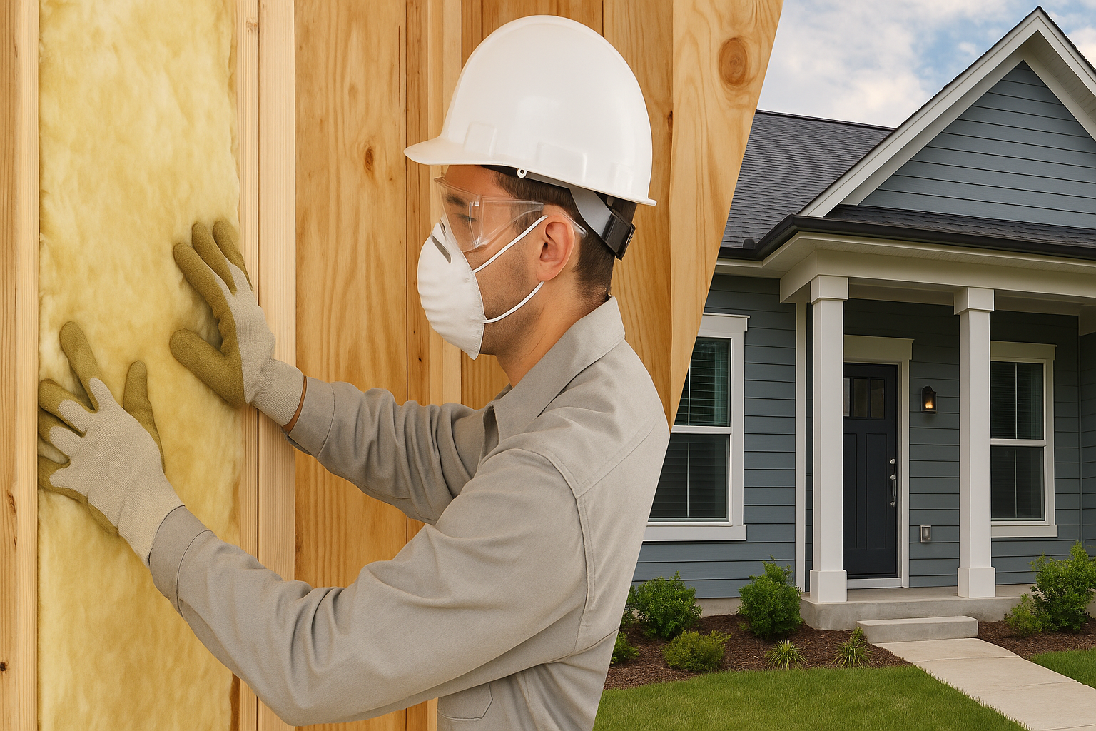 A construction worker wearing a white helmet, face mask, goggles, and gloves installs insulation in a wooden wall of a house under construction.