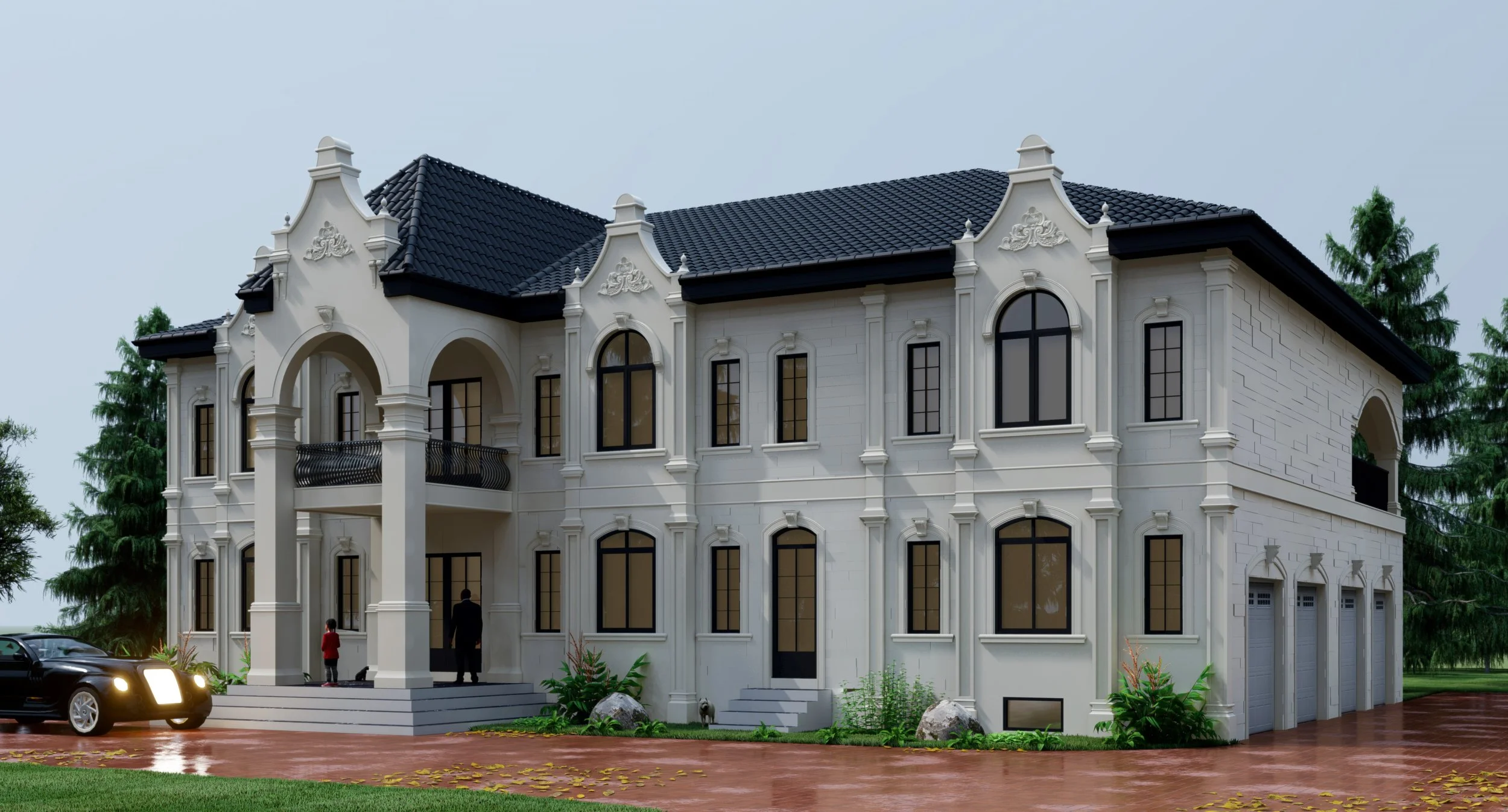 Elegant white three-story mansion with arched windows, black tiled roof, and decorative architectural details, surrounded by greenery and a red brick driveway.
