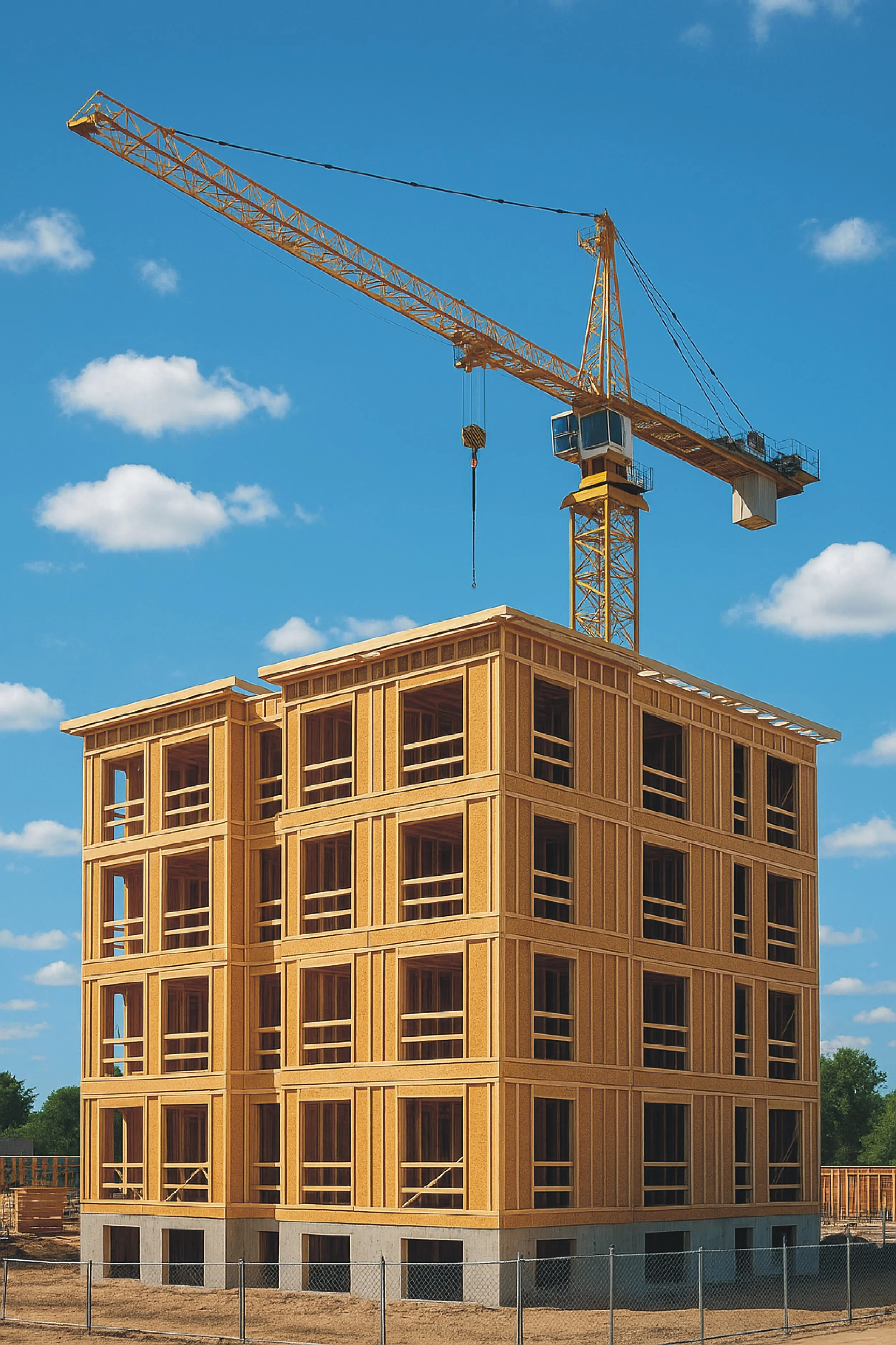 A multi-story wooden building under construction with a large yellow crane overhead against a blue sky with scattered clouds.