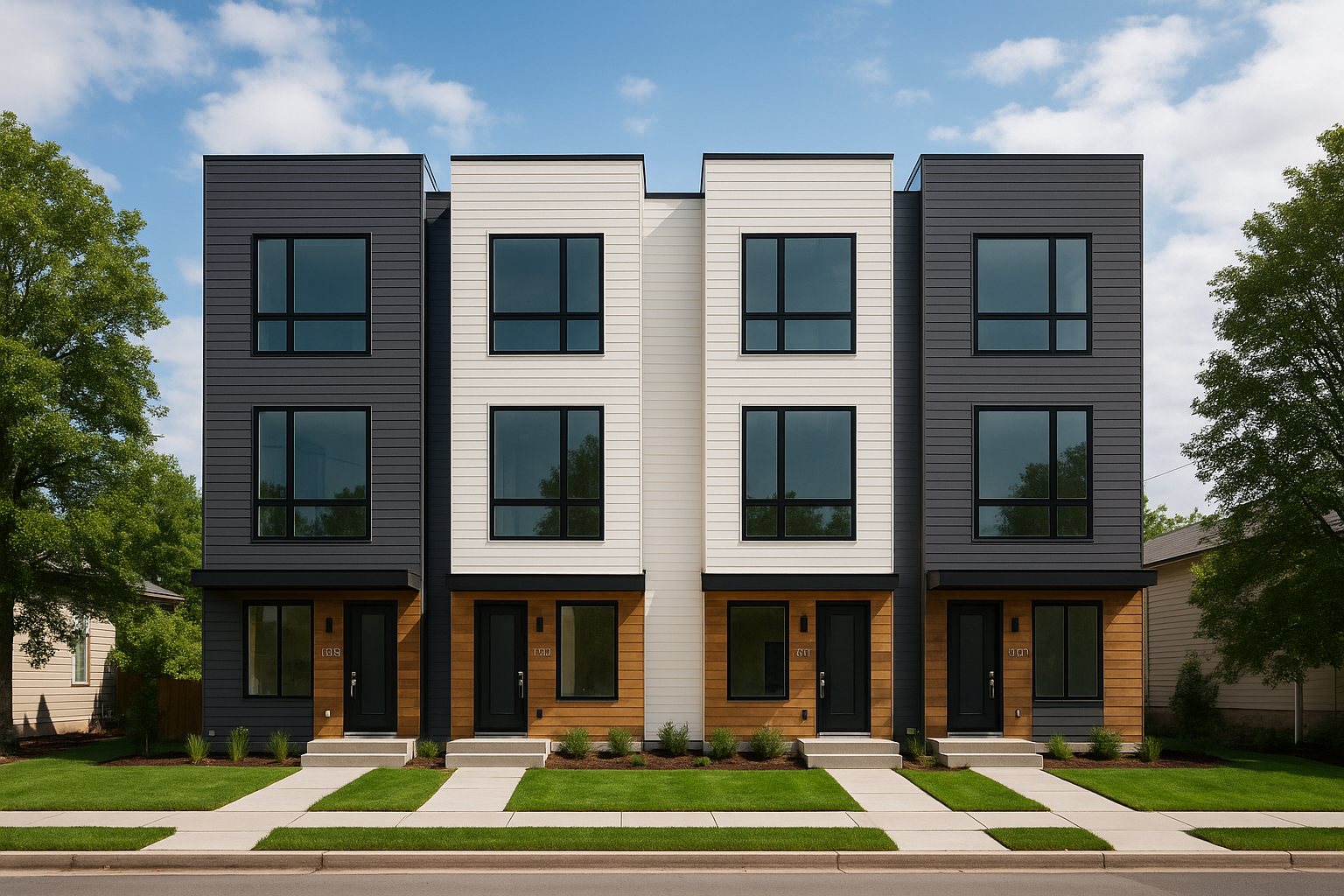 Modern multi-family residential building with four units, featuring black, white, and wood panel facade, large windows, and small front lawns.