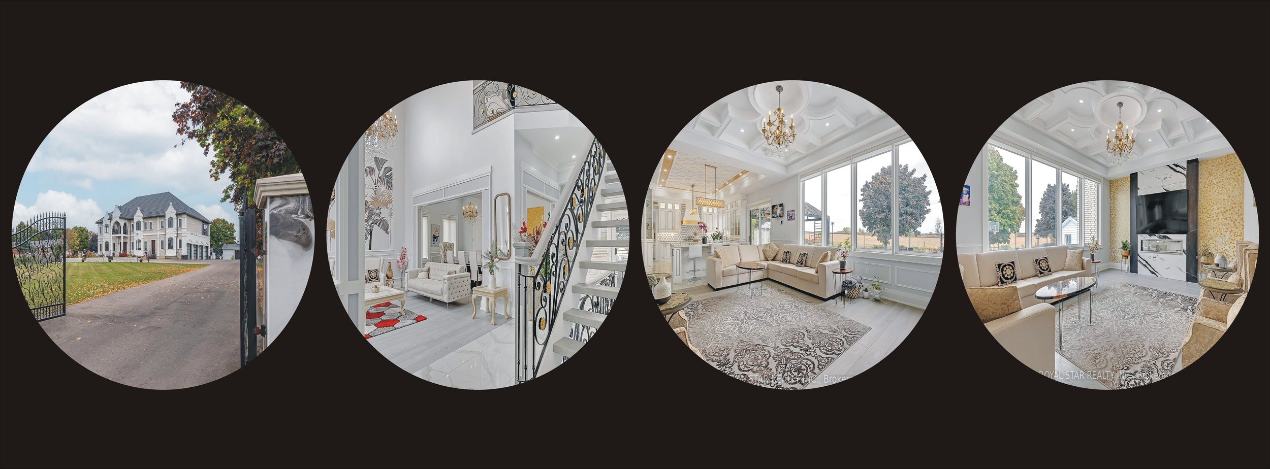 Sequence of four images showing the exterior and interior of a luxurious house. The first image displays a large white mansion with a driveway and a gate. The second image shows a bright, elegant foyer with white walls, a staircase, and modern furniture. The third image reveals a spacious, sunlit living room with large windows, white walls, and classic decor. The fourth image captures another view of the living room, featuring a patterned rug, a flat-screen TV, and beige furniture.