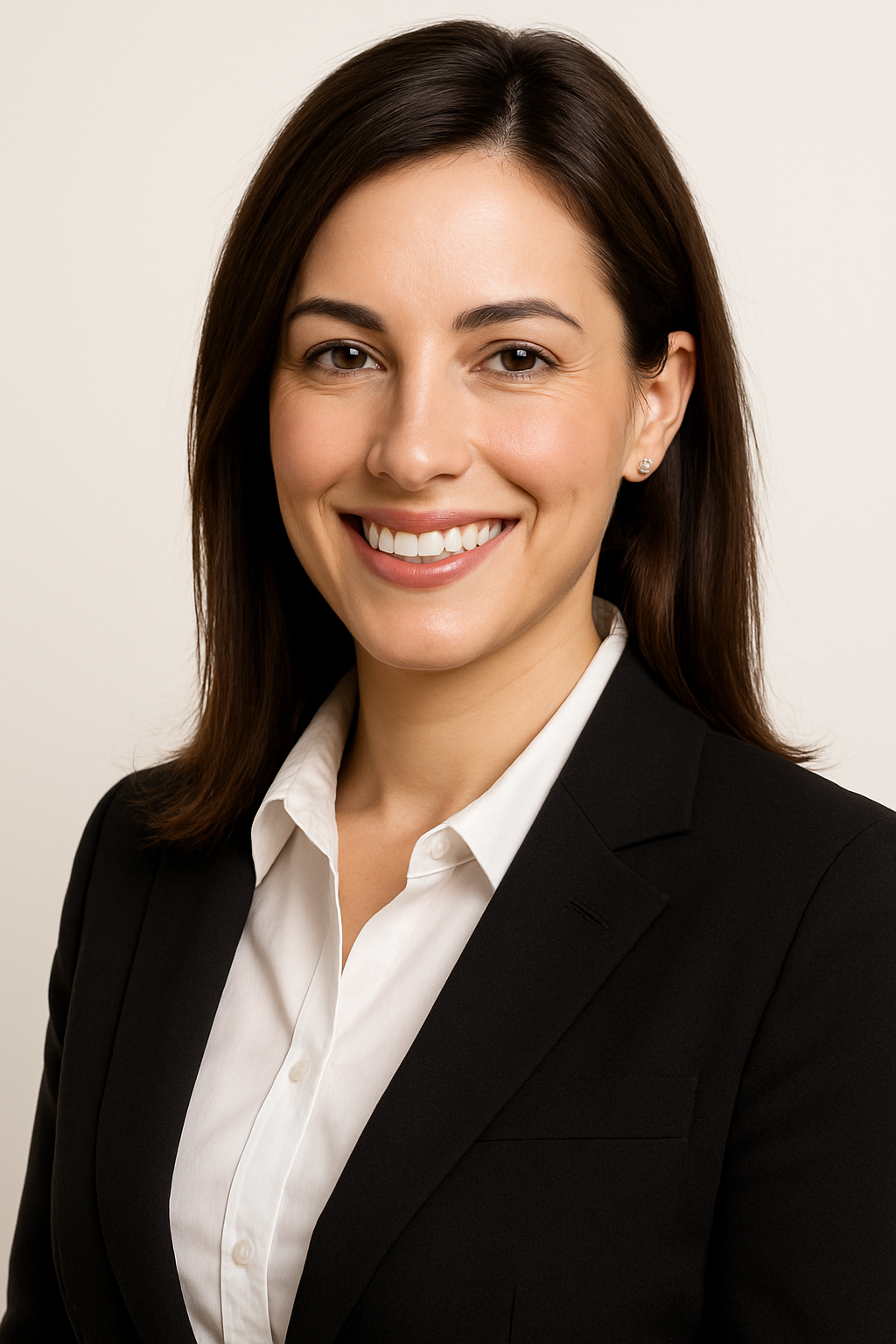 A professionally dressed woman smiling in a black blazer and white blouse against a plain background.