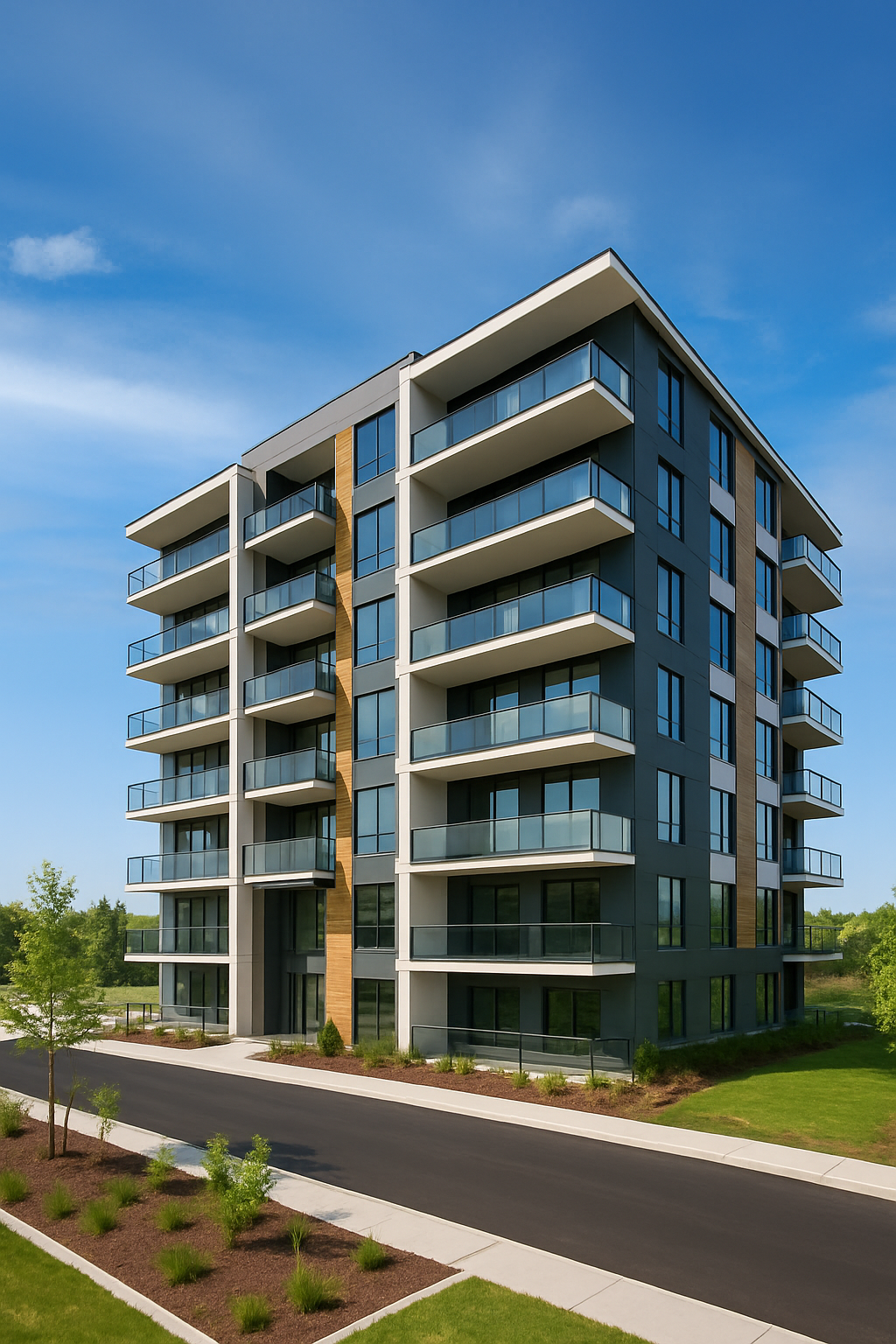 Modern multi-story residential apartment building with balconies, large windows, and landscaped surroundings.