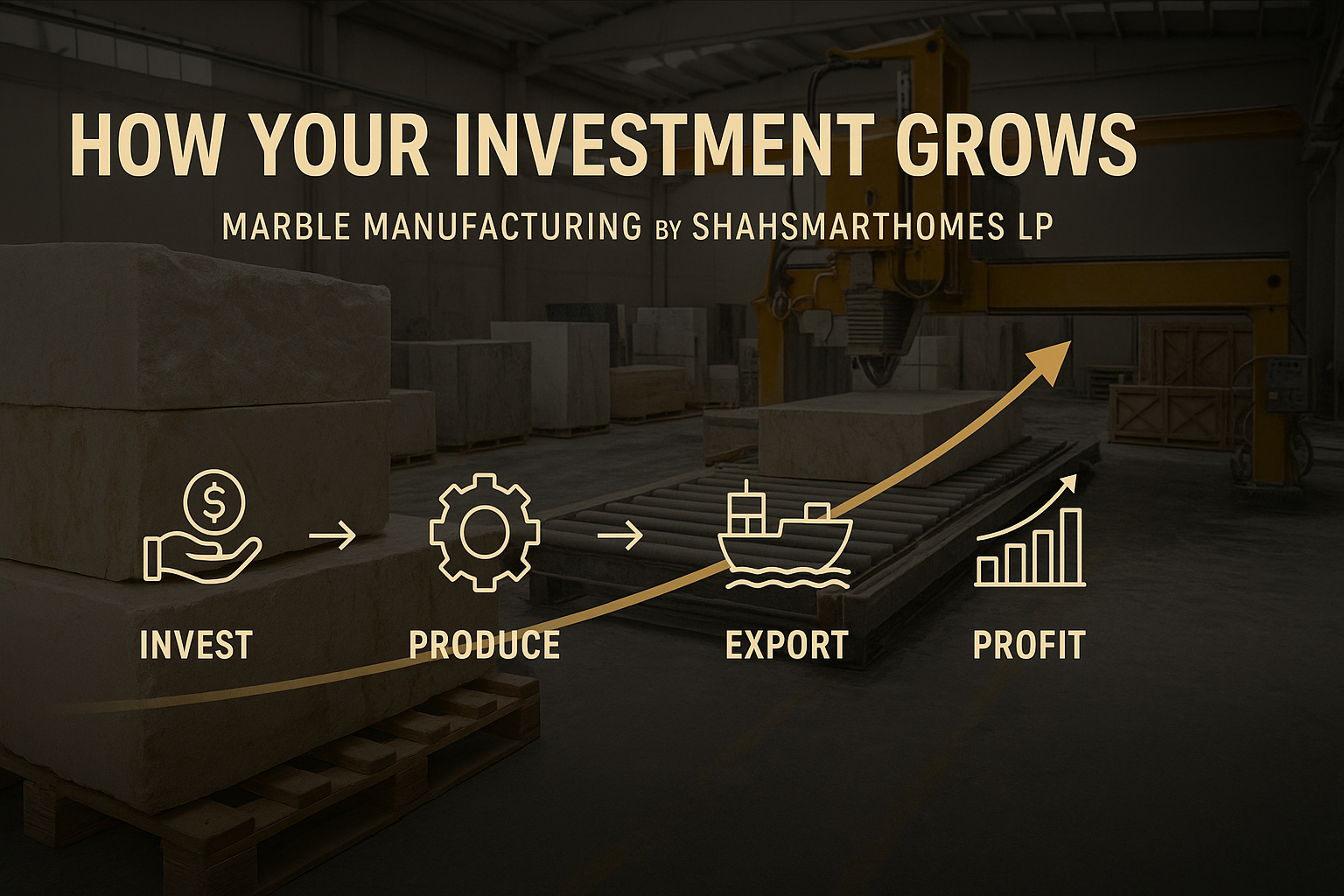 Infographic showing marble manufacturing process with steps: Invest, Produce, Export, Profit, over a background of marble slabs and factory machinery.