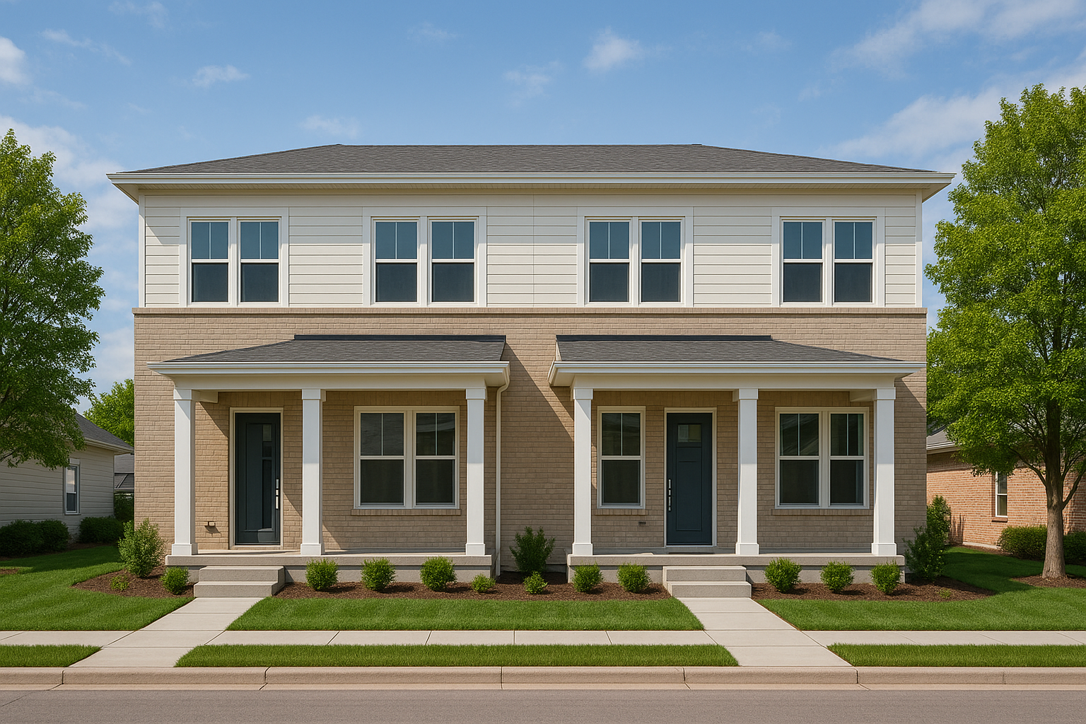 Two-story duplex with beige brick and white siding, front porches, black doors, concrete steps, green lawn, small bushes, two trees, clear blue sky.