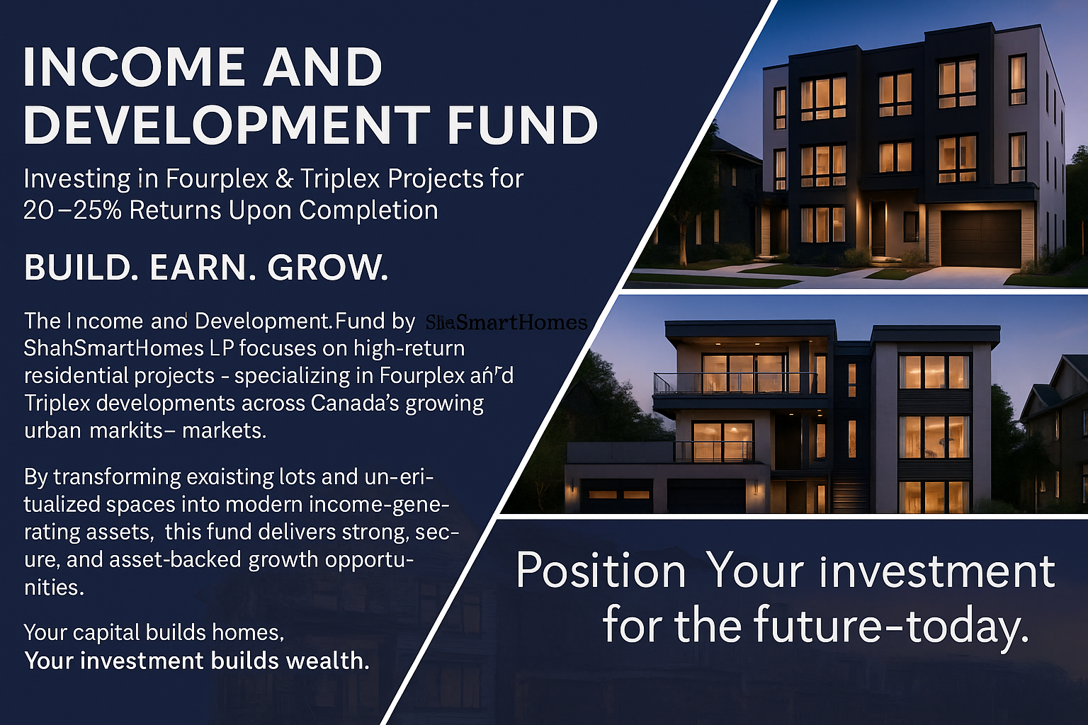 Advertisement for Income and Development Fund featuring images of modern residential buildings at night and text promoting investment in residential projects with high returns.