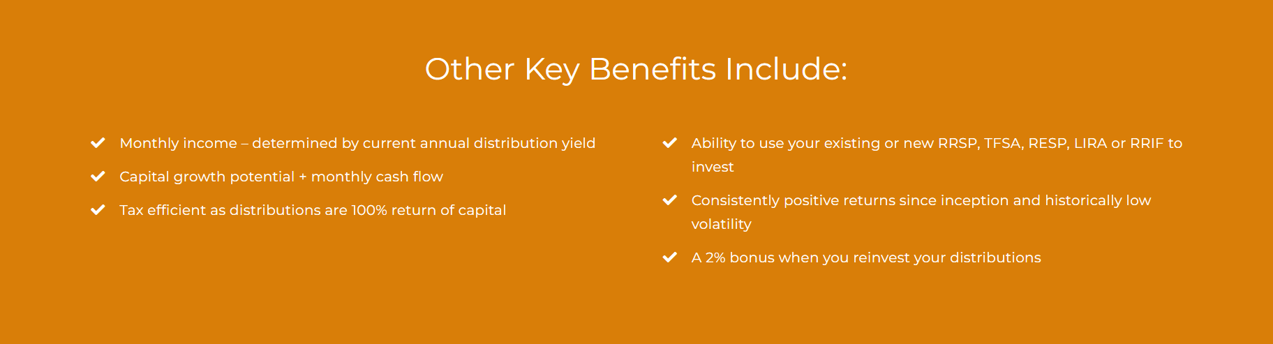 Orange slide with white text listing key benefits related to investments, including income, growth, tax efficiency, flexibility, positive returns, and reinvestment bonus.
