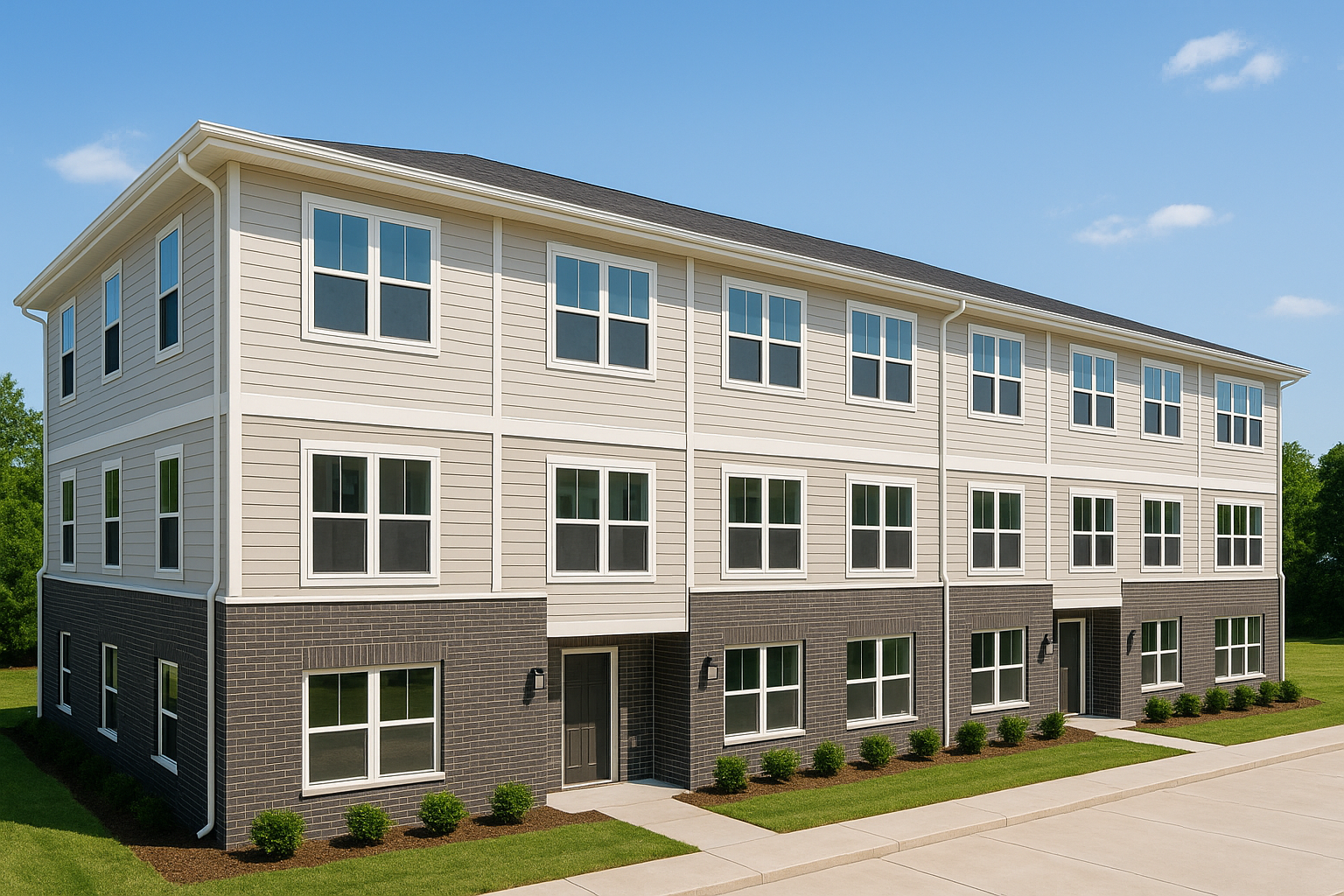 Multistory residential apartment building with beige siding and dark brick base, multiple windows, and a landscaped front with small shrubs, under a clear blue sky.