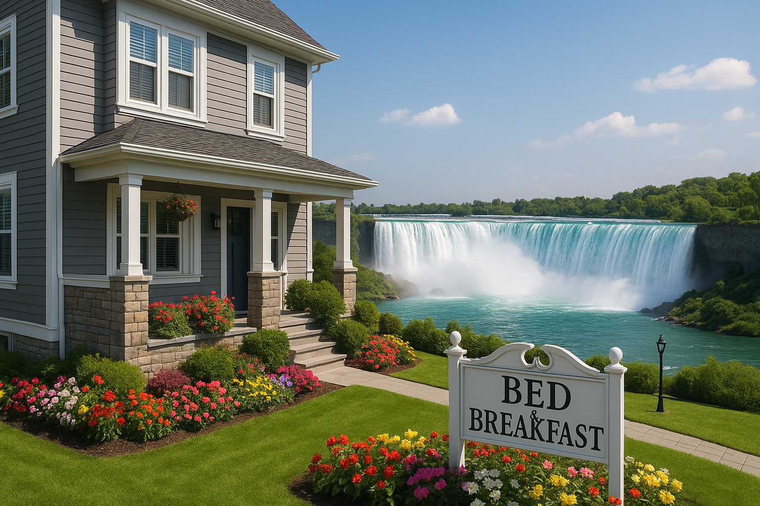 A house with a garden in front of Niagara Falls, with a sign reading 'Bed & Breakfast' and colorful flowers.