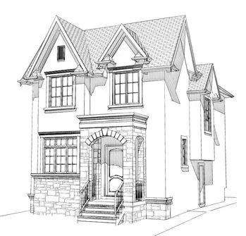 Architectural sketch of a two-story house with front steps, arched entrance, multiple windows, gable roof, and stone accents.