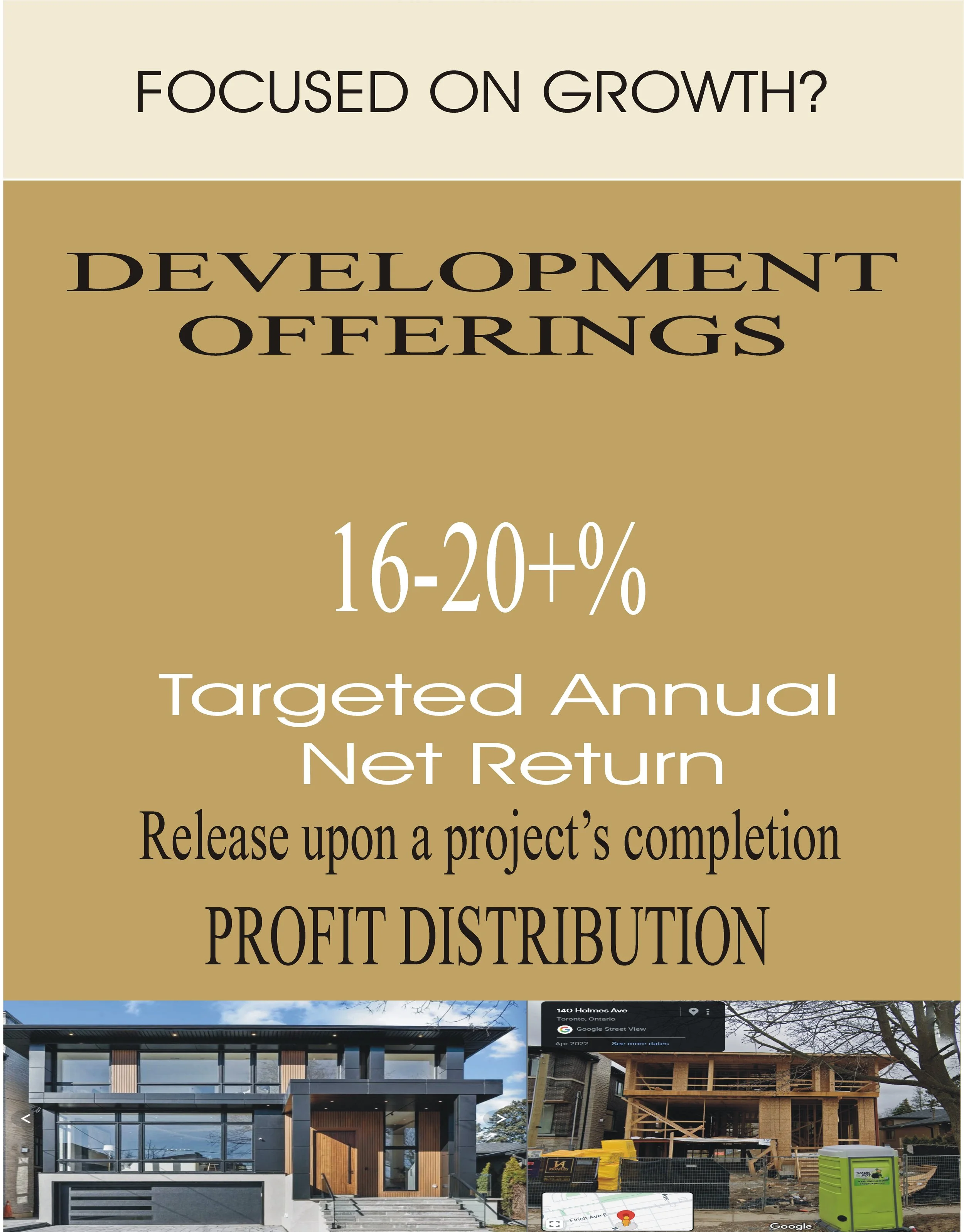 Informational poster about development offerings, targeting an annual net return of 16-20%+, featuring a modern house and a construction site.