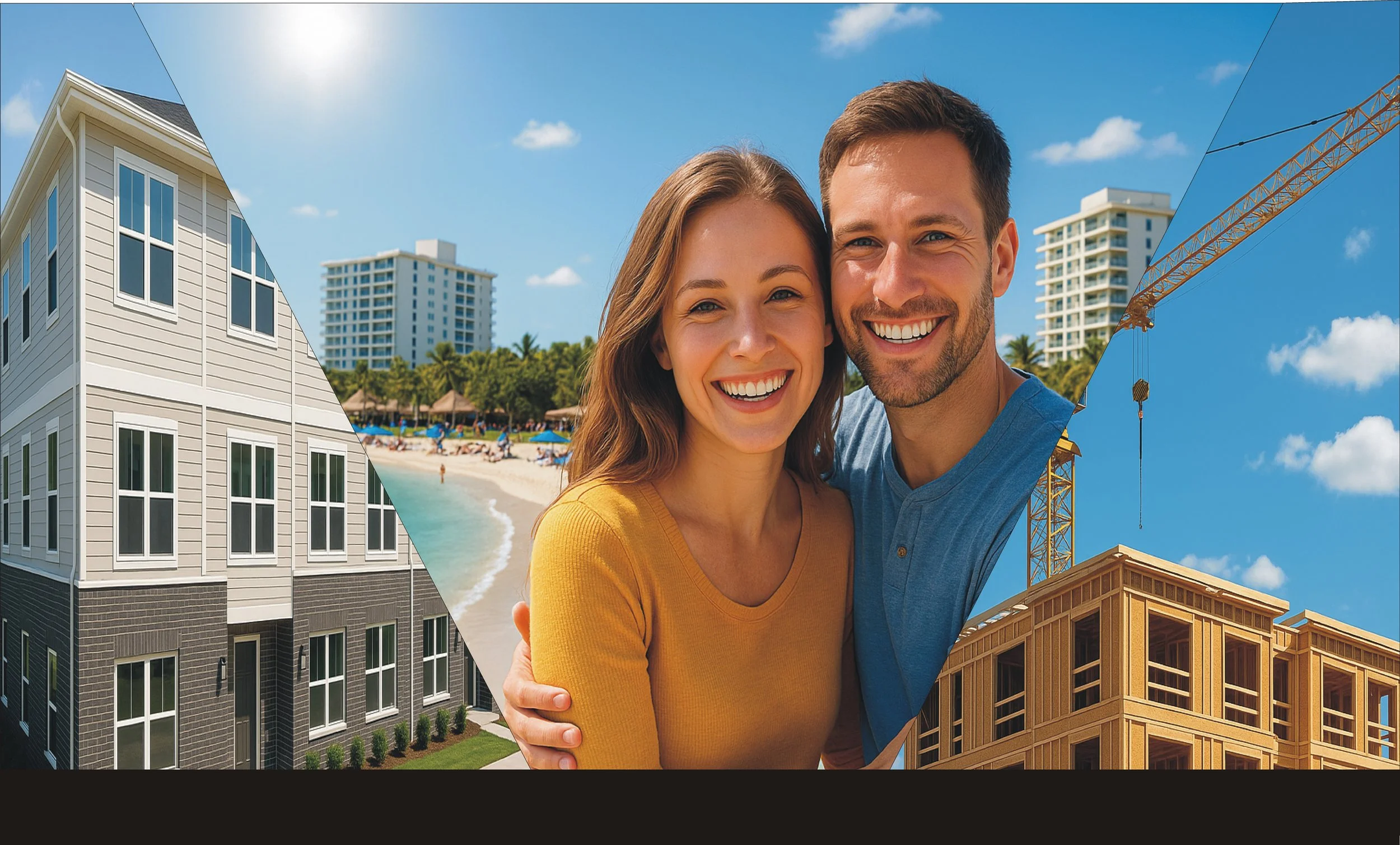 A collage of three scenes: a couple smiling on a beach in the center, a residential building on the left, and a construction site with a crane on the right.