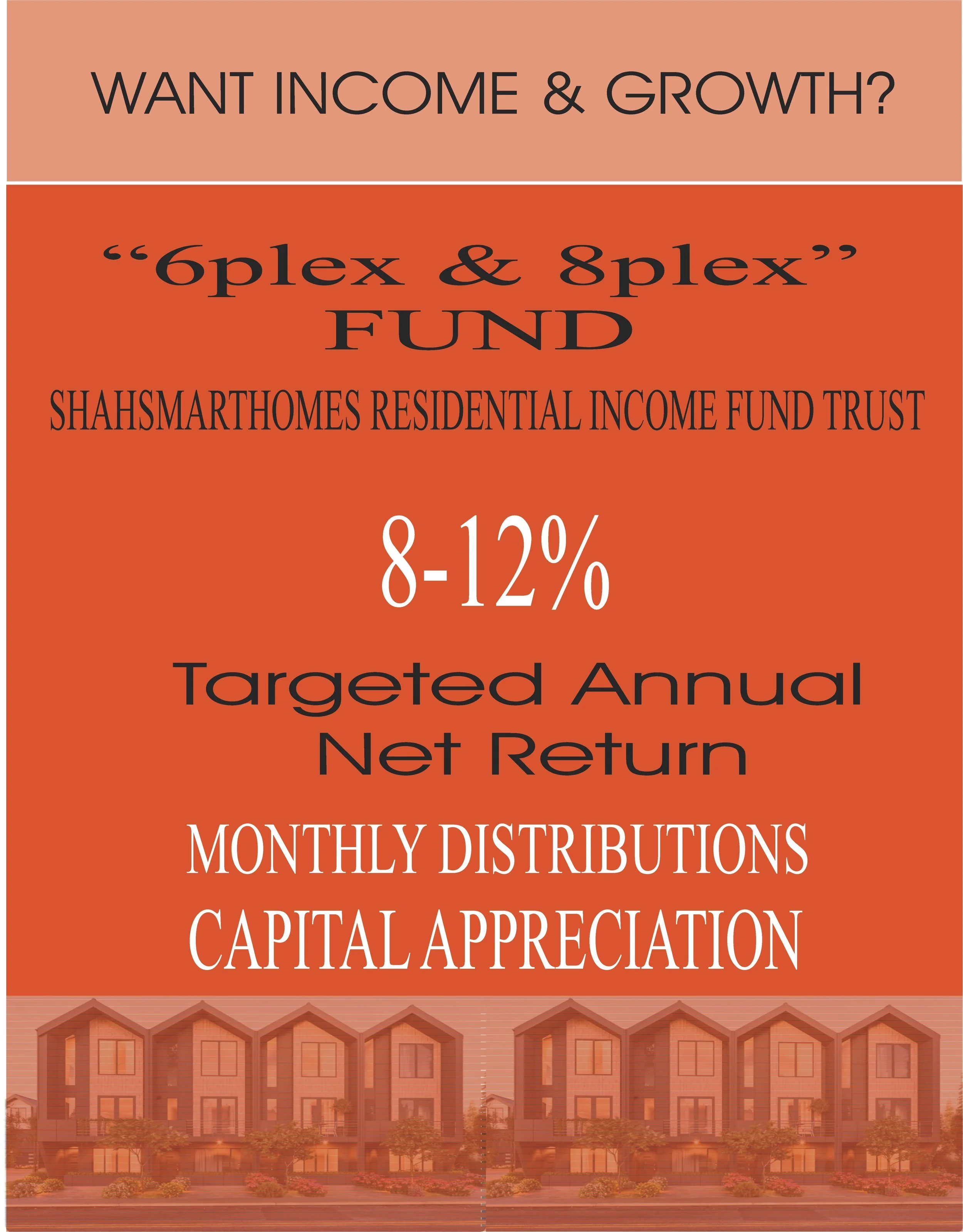 Advertisement for the '8plex & 8plex' Fund by Shahs M arthur Homes Resident ial Income Fund Trust, offering an 8-12% targeted annual net return with monthly distributions and capital appreciation, featuring a row of townhouses at the bottom.