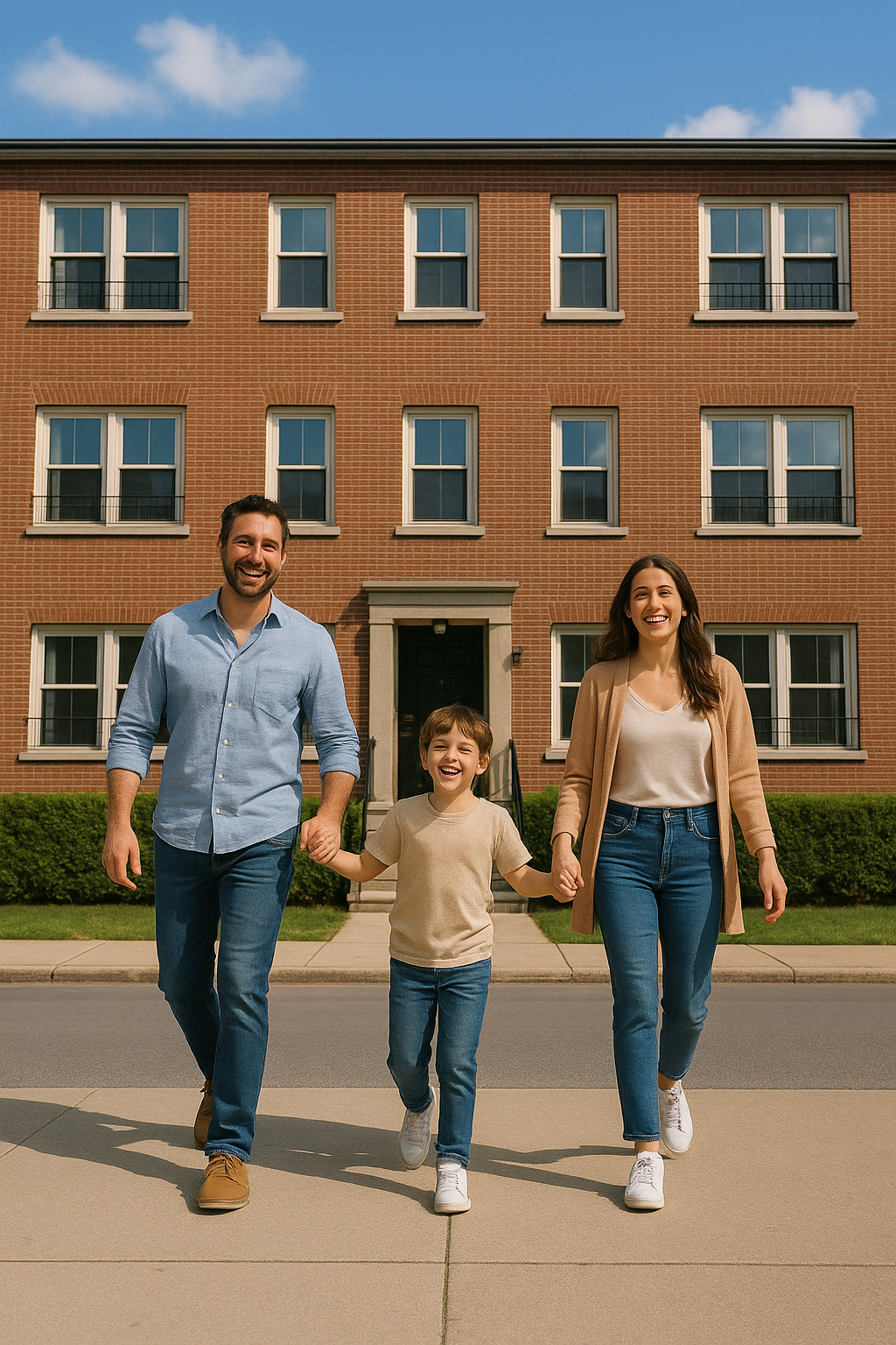 A family of three holding hands and walking in front of their brick apartment building on a sunny day.