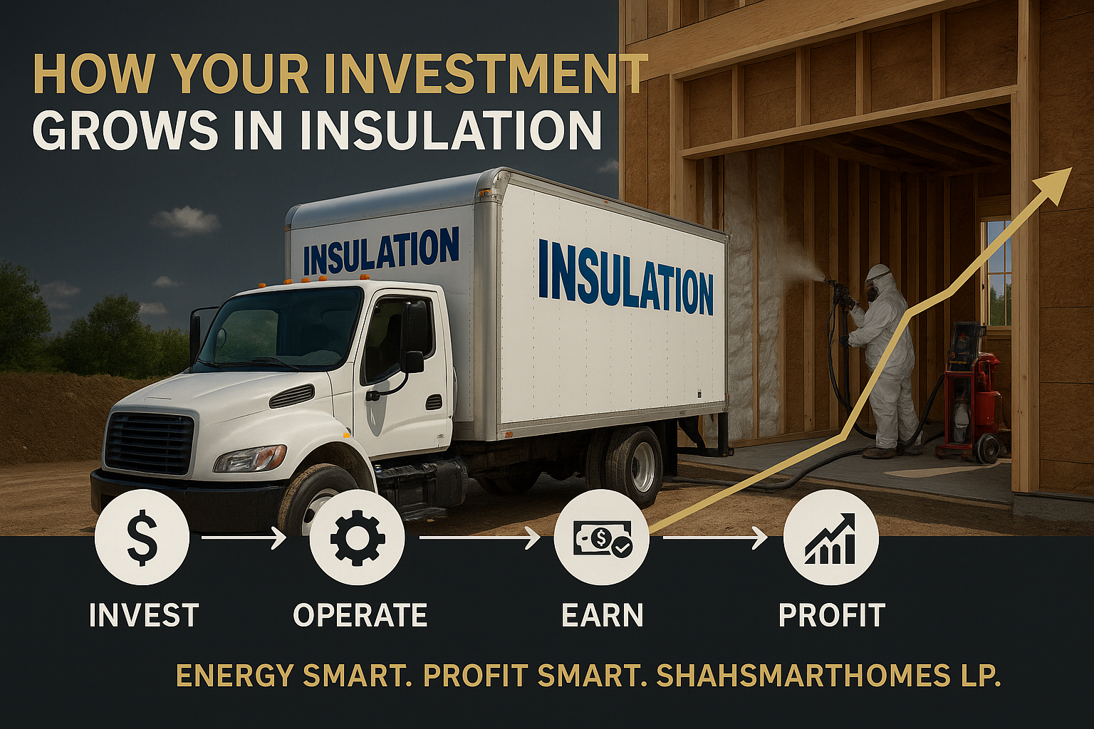 A truck labeled "Insulation" is parked outside a house under construction. A worker in protective gear is spraying insulation inside the house's wall. The image features a graph with an upward arrow and a timeline with icons labeled "Invest," "Operate," "Earn," and "Profit." The text reads, "How your investment grows in insulation" and "Energy smart. Profit smart. Shahsmarthomes LP."