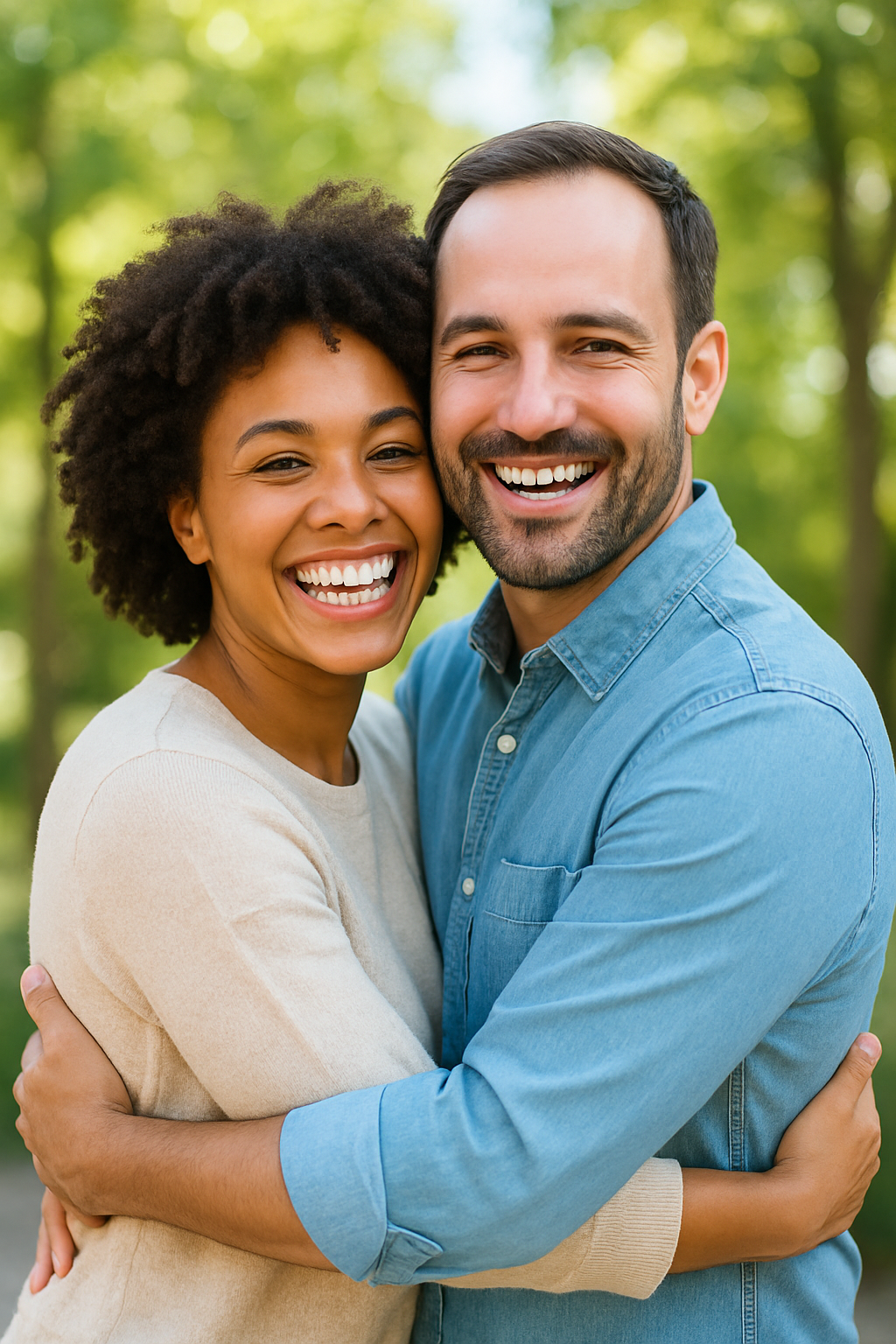 A smiling interracial couple hugging outdoors on a sunny day with green trees in the background.