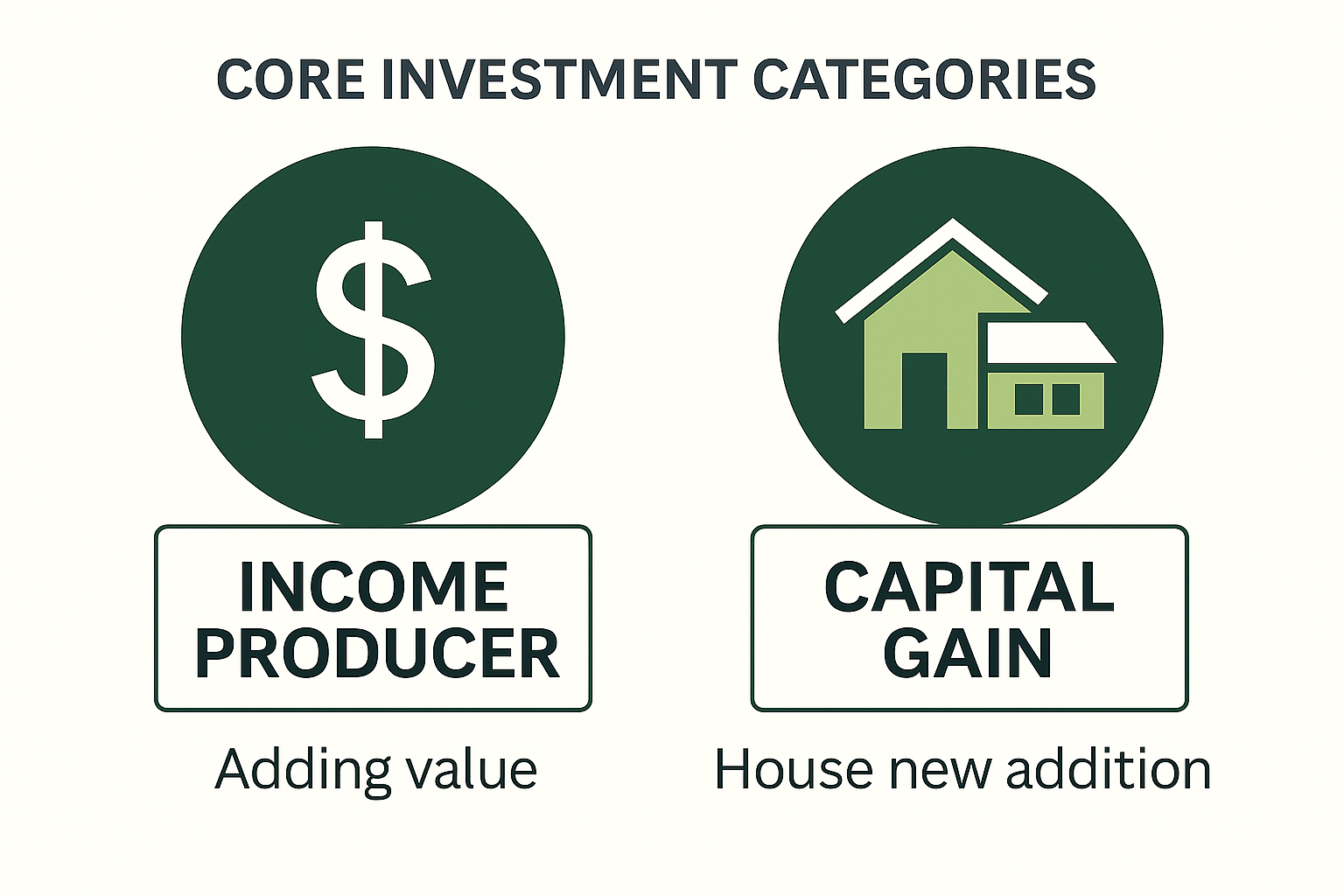 infographic titled 'Core Investment Categories' showing two categories: a dollar sign icon labeled 'Income Producer' with the caption 'Adding value', and a house icon labeled 'Capital Gain' with the caption 'House new addition'.