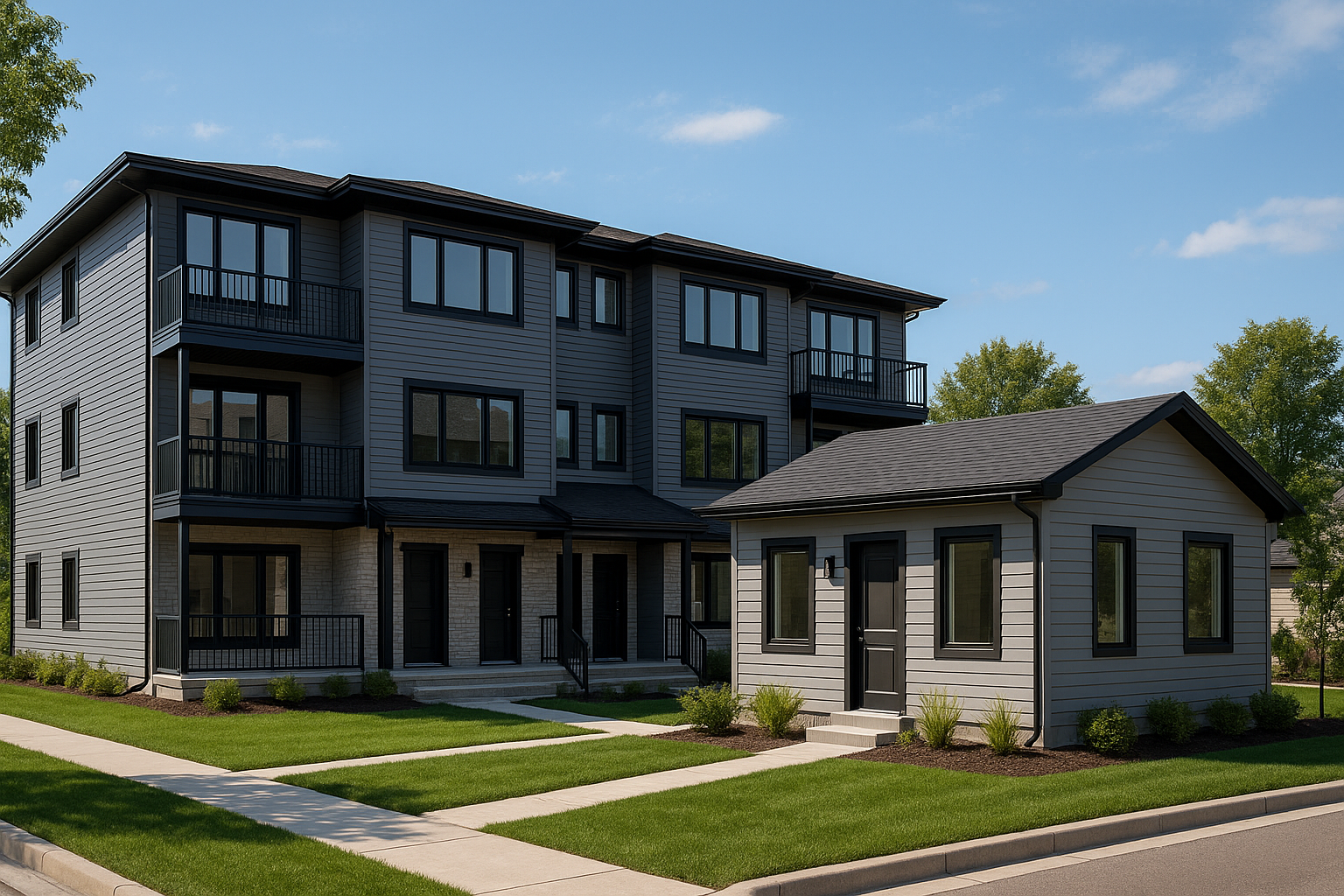 A modern multi-story residential building with balconies and a smaller detached structure, both with gray siding and black trim, surrounded by a well-manicured lawn and a sidewalk under a partly cloudy sky.