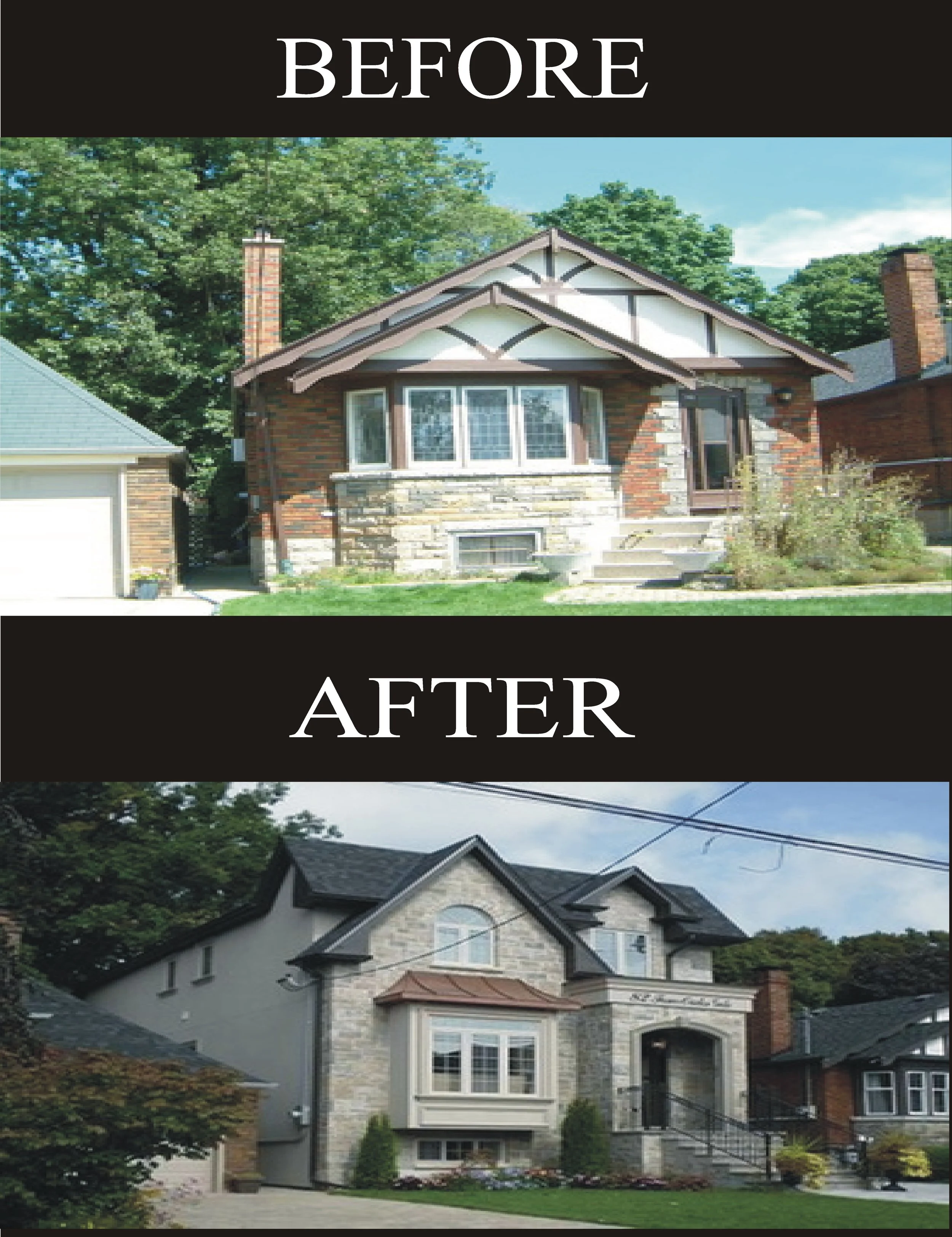 Before and after photos of a home's exterior showing renovation, with the bottom image of a renovated house and the top image of the previous, older house.