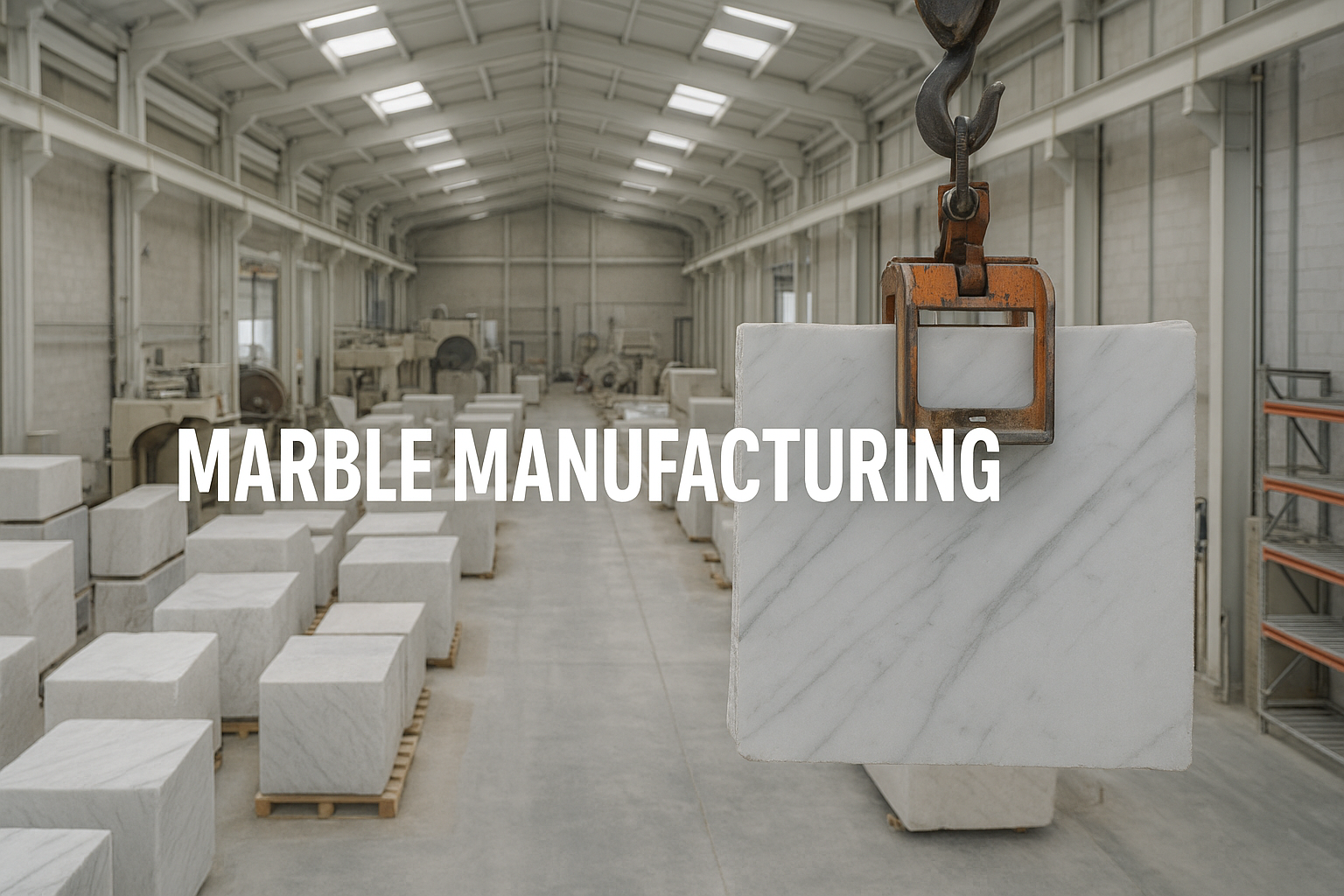 A marble manufacturing facility with blocks of white marble arranged on wooden pallets and a heavy-duty crane lifting one marble block. The interior is a spacious industrial workshop with high ceilings and machinery.