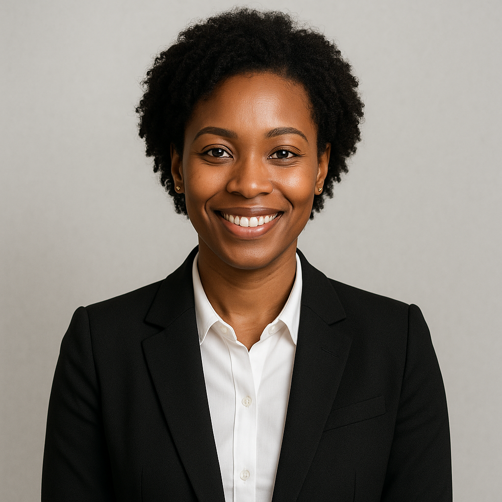 Portrait of a smiling African American woman in professional attire, wearing a black blazer and white shirt, against a plain light gray background.