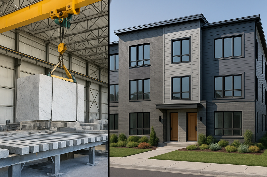 Split image showing stone blocks in a factory on the left and a modern apartment building on the right.